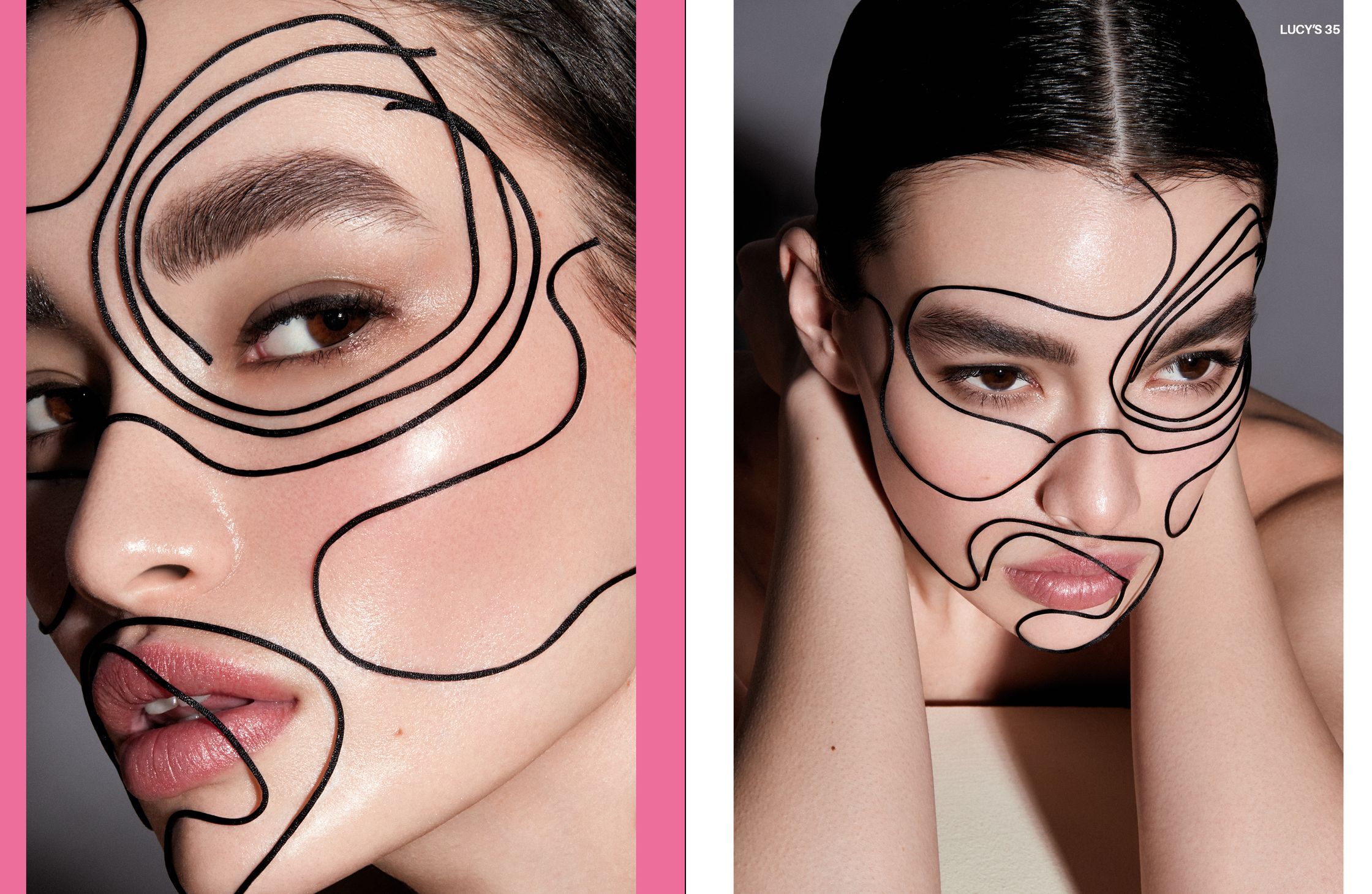 two pictures of a woman with makeup on her face