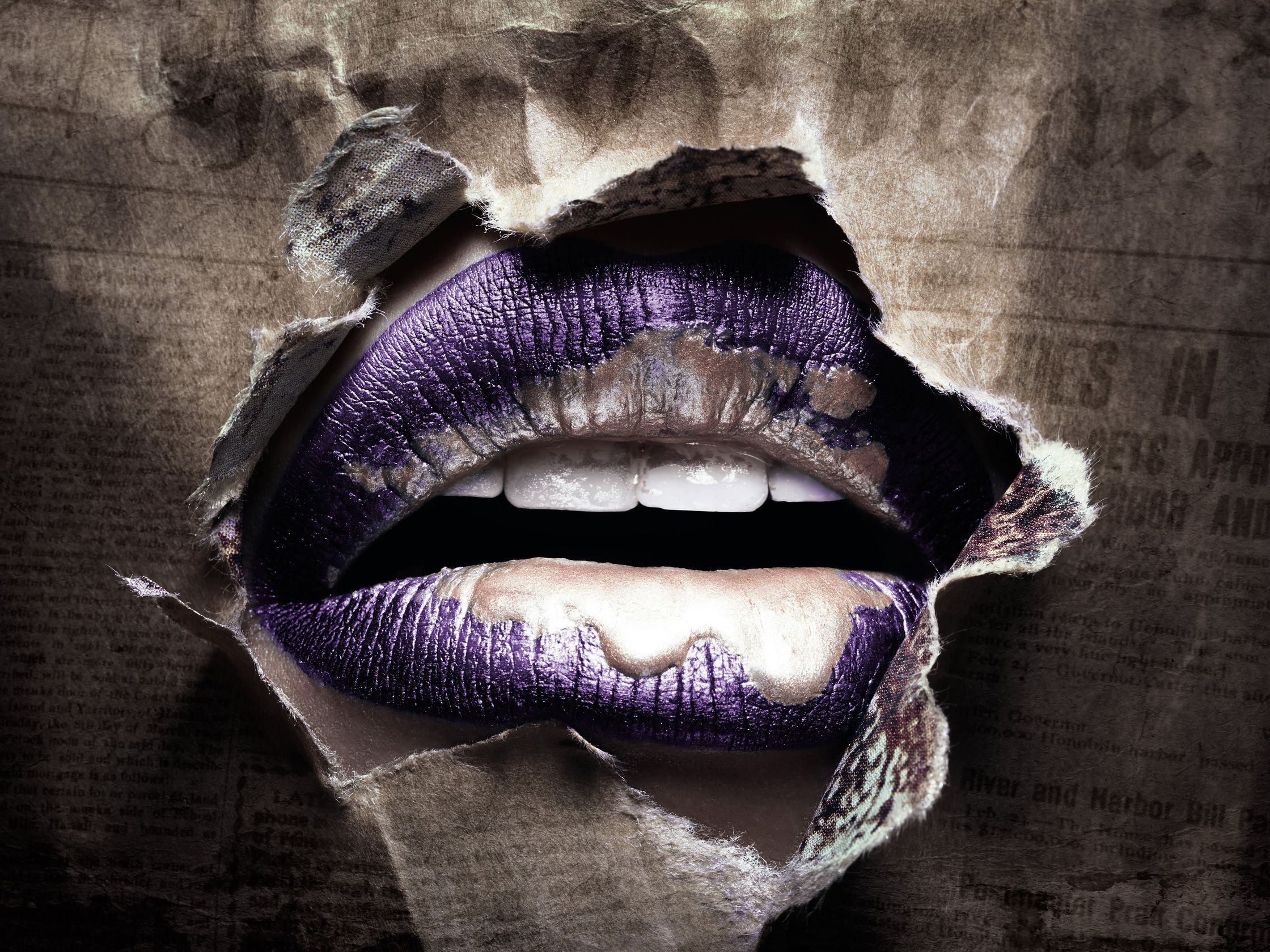 Close-up of lips painted in metallic purple and silver, partially obscured by torn newspaper, evoking the theme of environmental suffocation and our entanglement with waste.