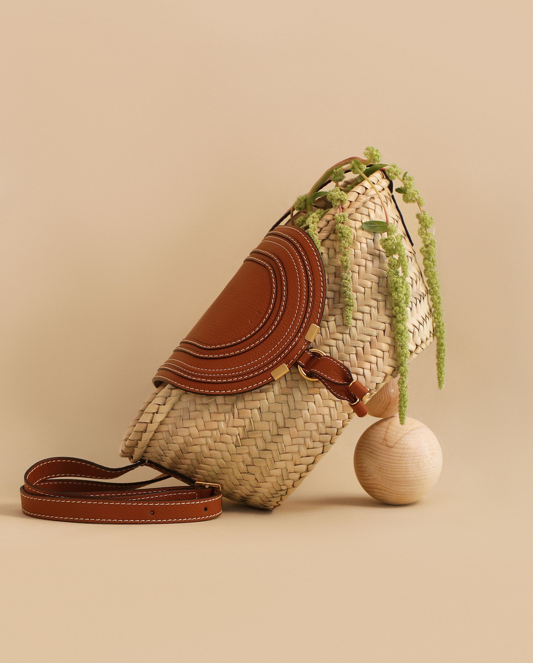 a wicker bag with a plant on it