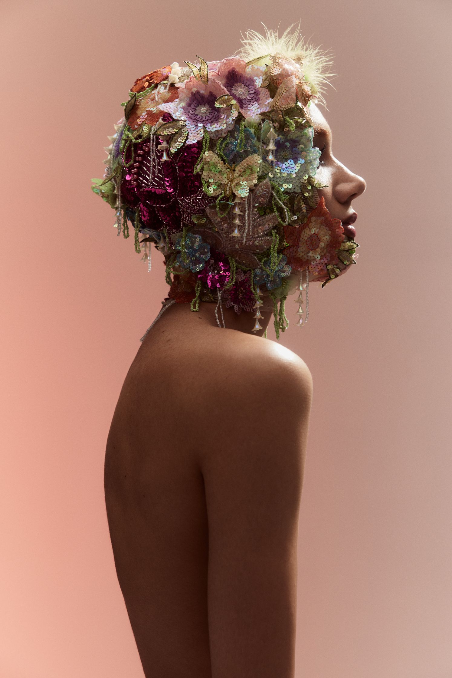 a woman with flowers on her head