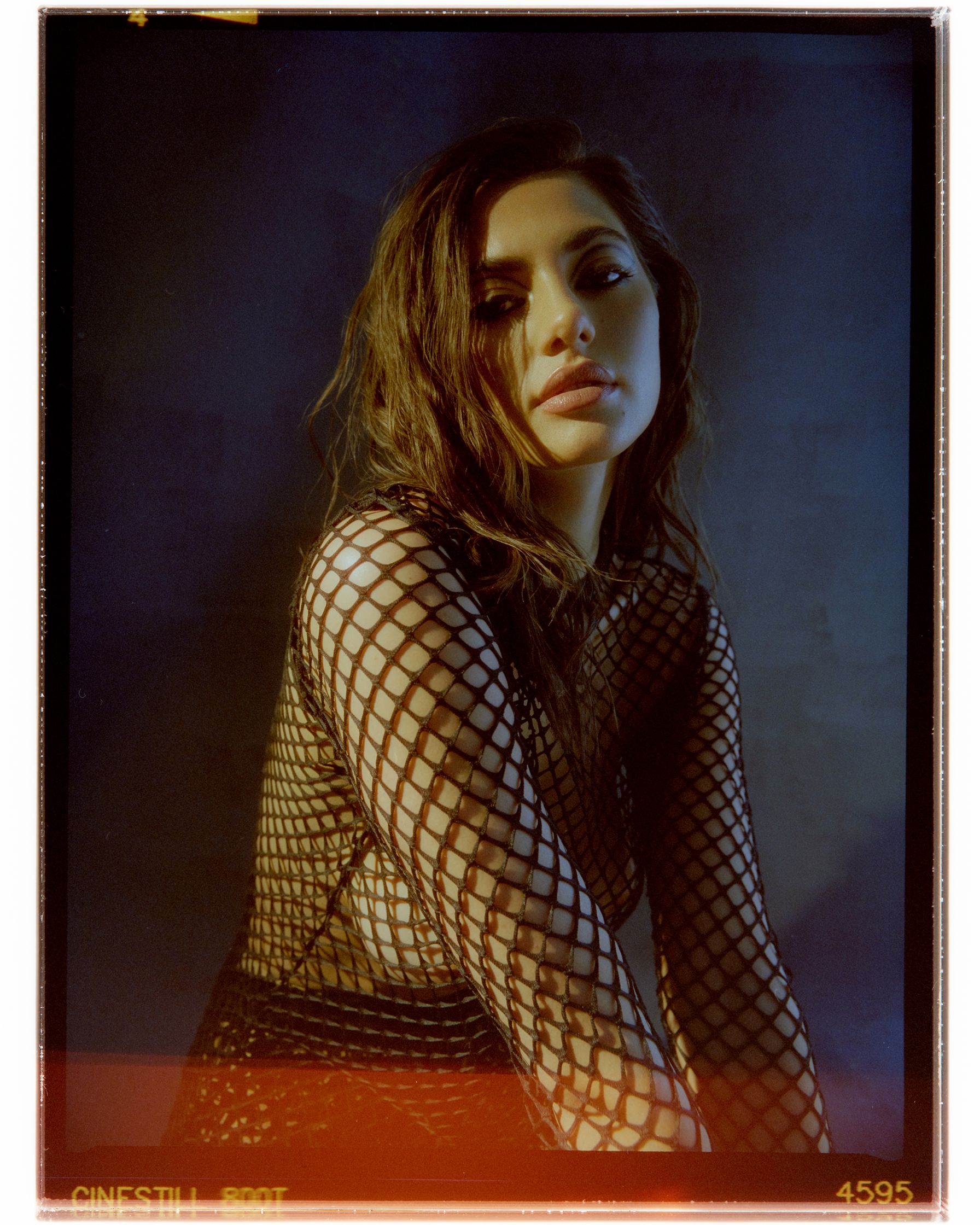 a woman in a fishnet dress posing for a photo