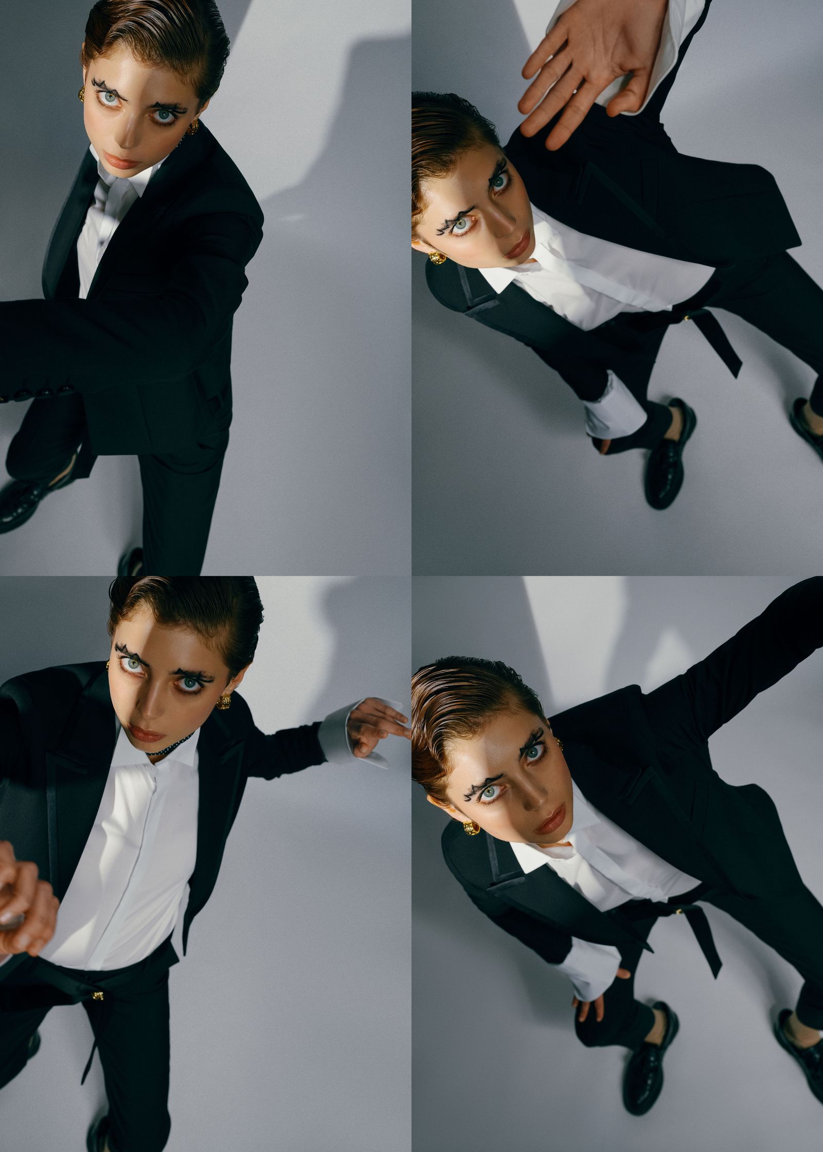 four pictures of a woman in a tuxedo
