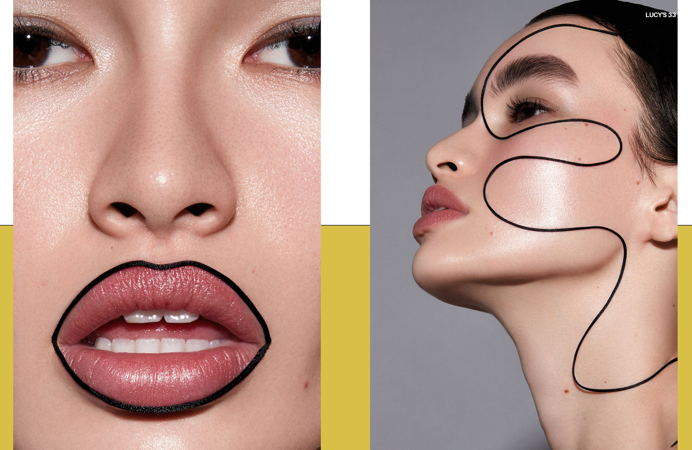 two pictures of a woman with a line drawn on her lips
