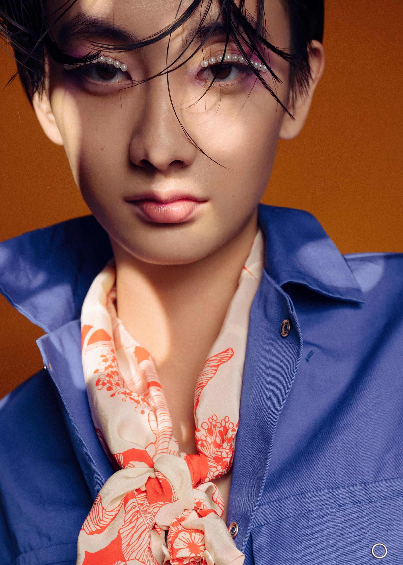 a woman in a blue shirt
