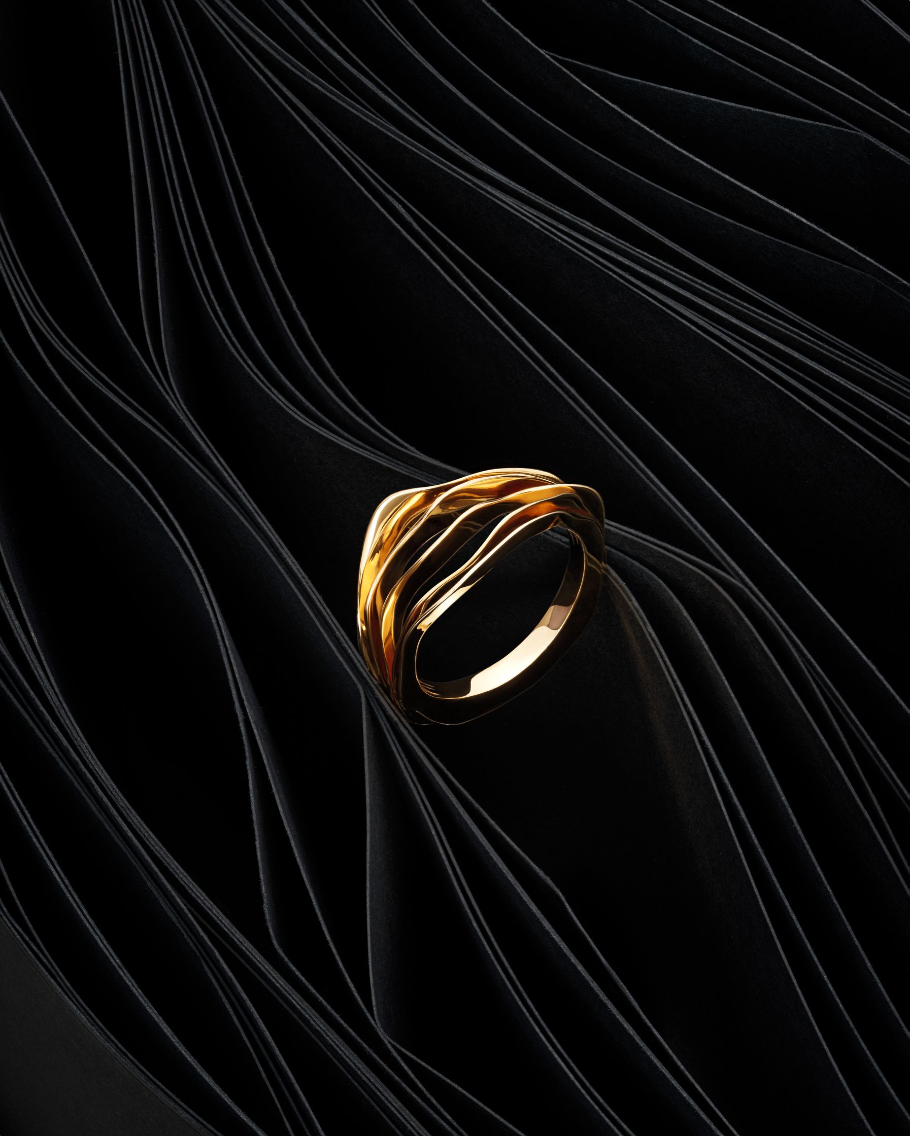 Single gold ring by Lisa Motte on black paper background with flowing lines, highlighting the organic leaf-inspired design.