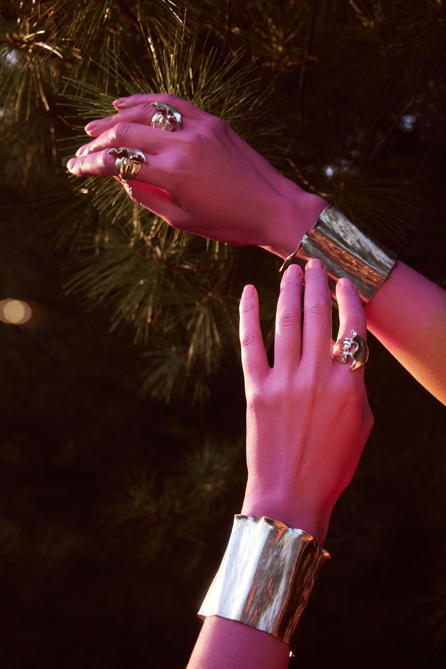 a woman's hands reaching up to a tree