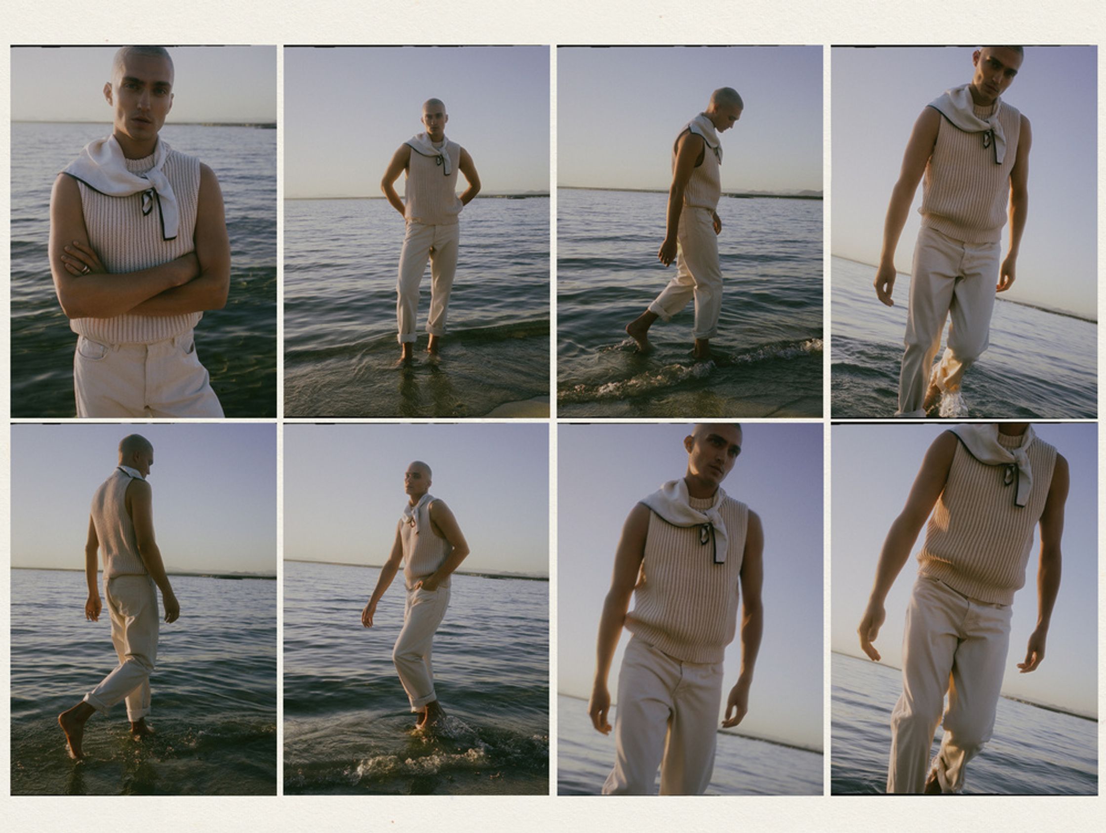 a series of photos of a man standing in the water