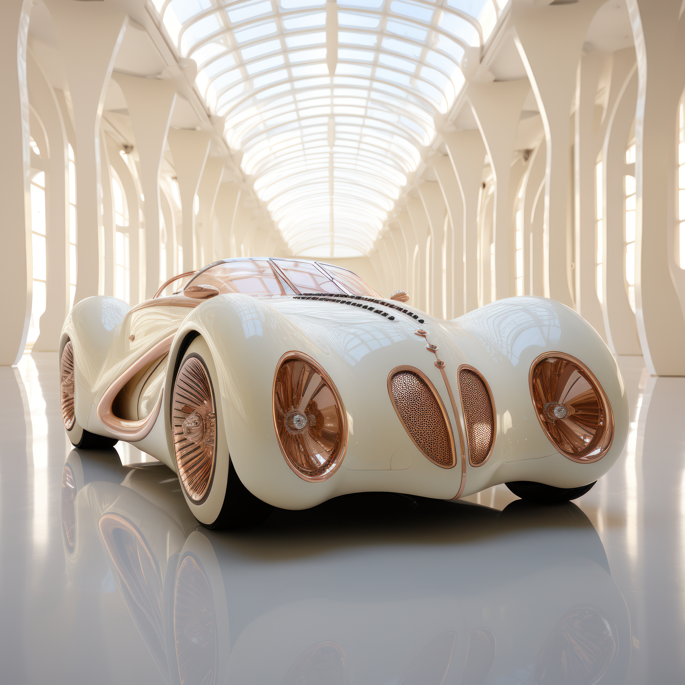 a white and gold car in a futuristic setting