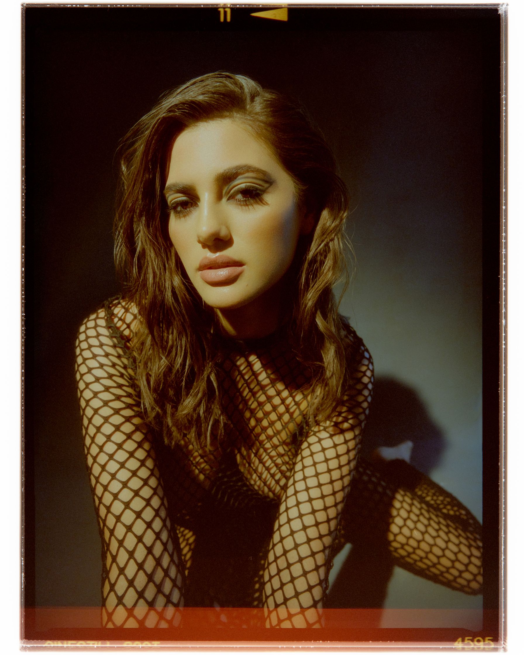 a woman in fishnet stockings posing for a photo