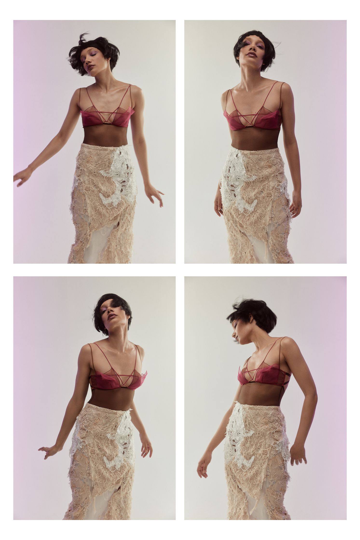 four pictures of a woman in a white top and skirt