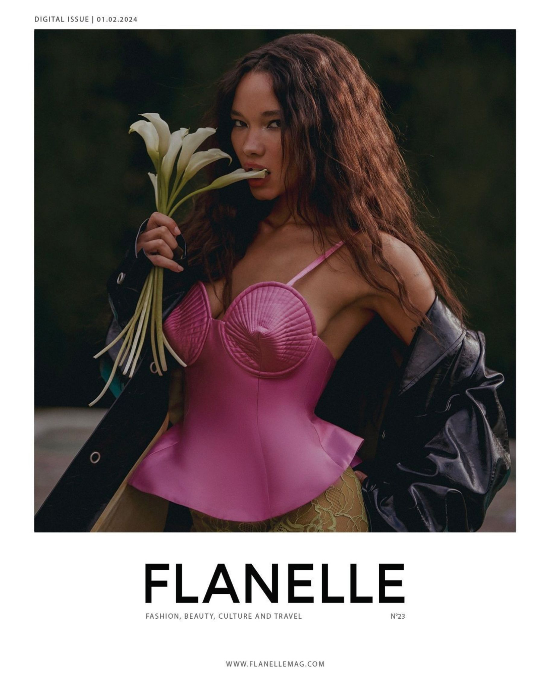 a woman is holding flowers in a pink corset