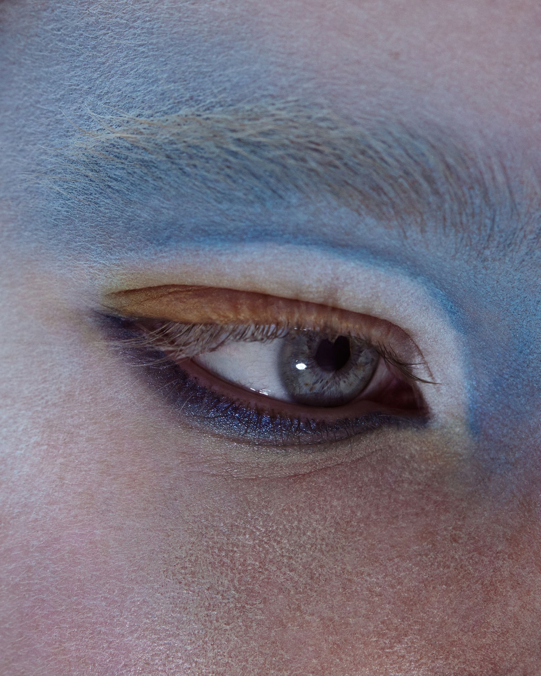 a close up of a woman's eye with blue makeup