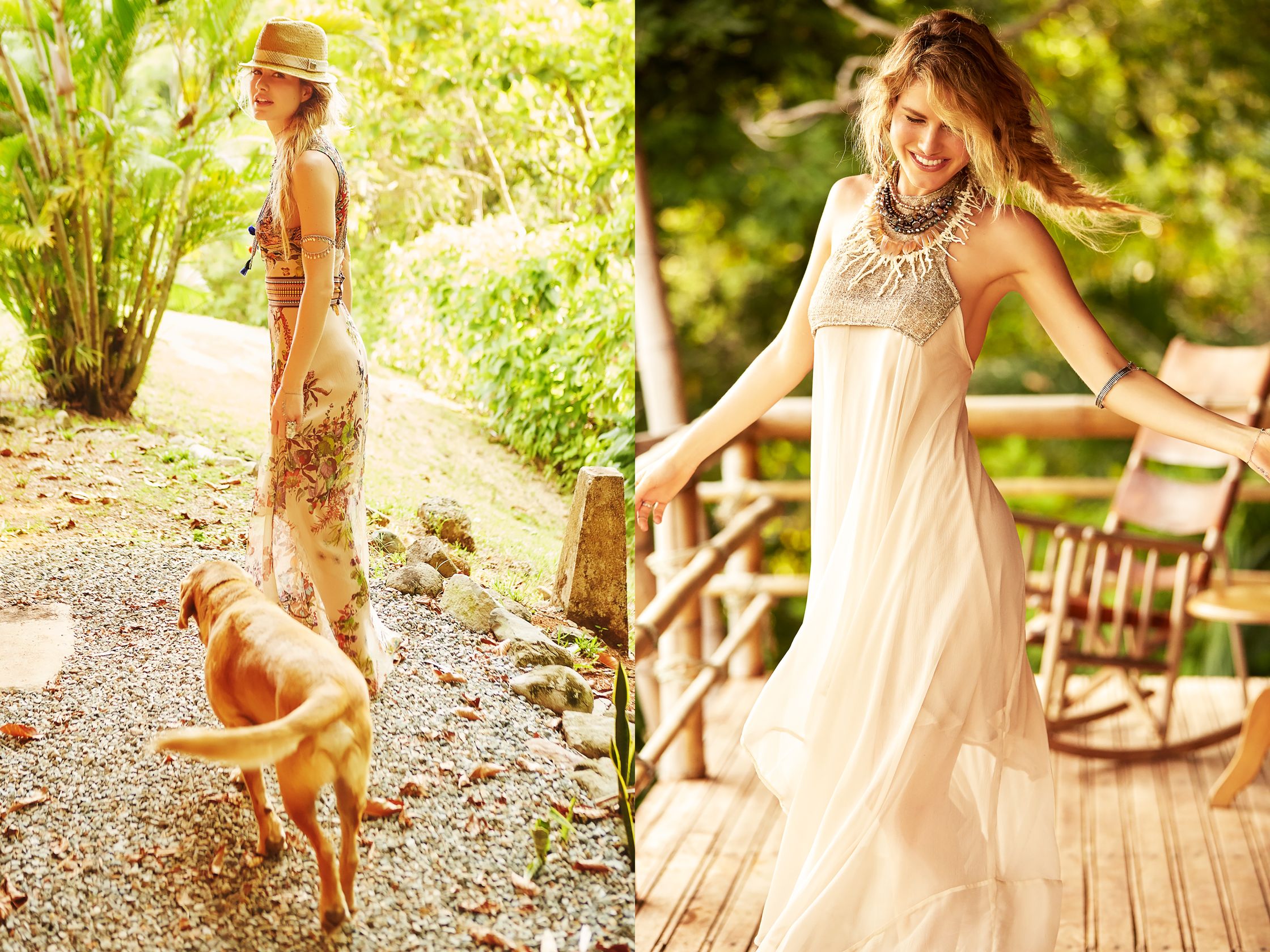 a woman in a white dress standing next to a dog