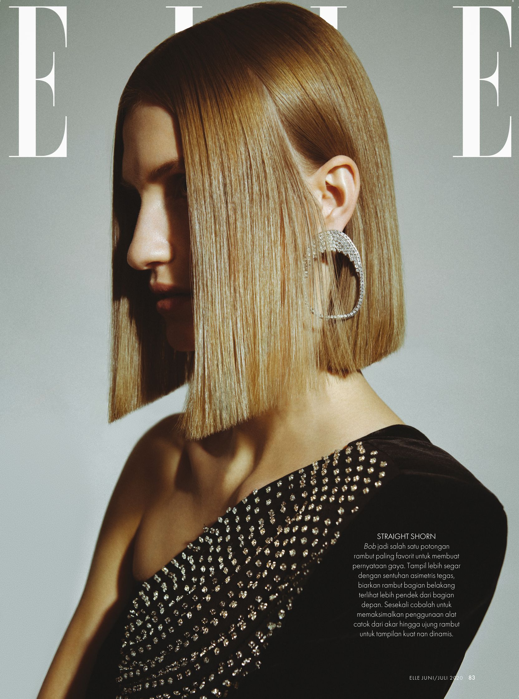 the cover of elle magazine featuring a woman with a long bob