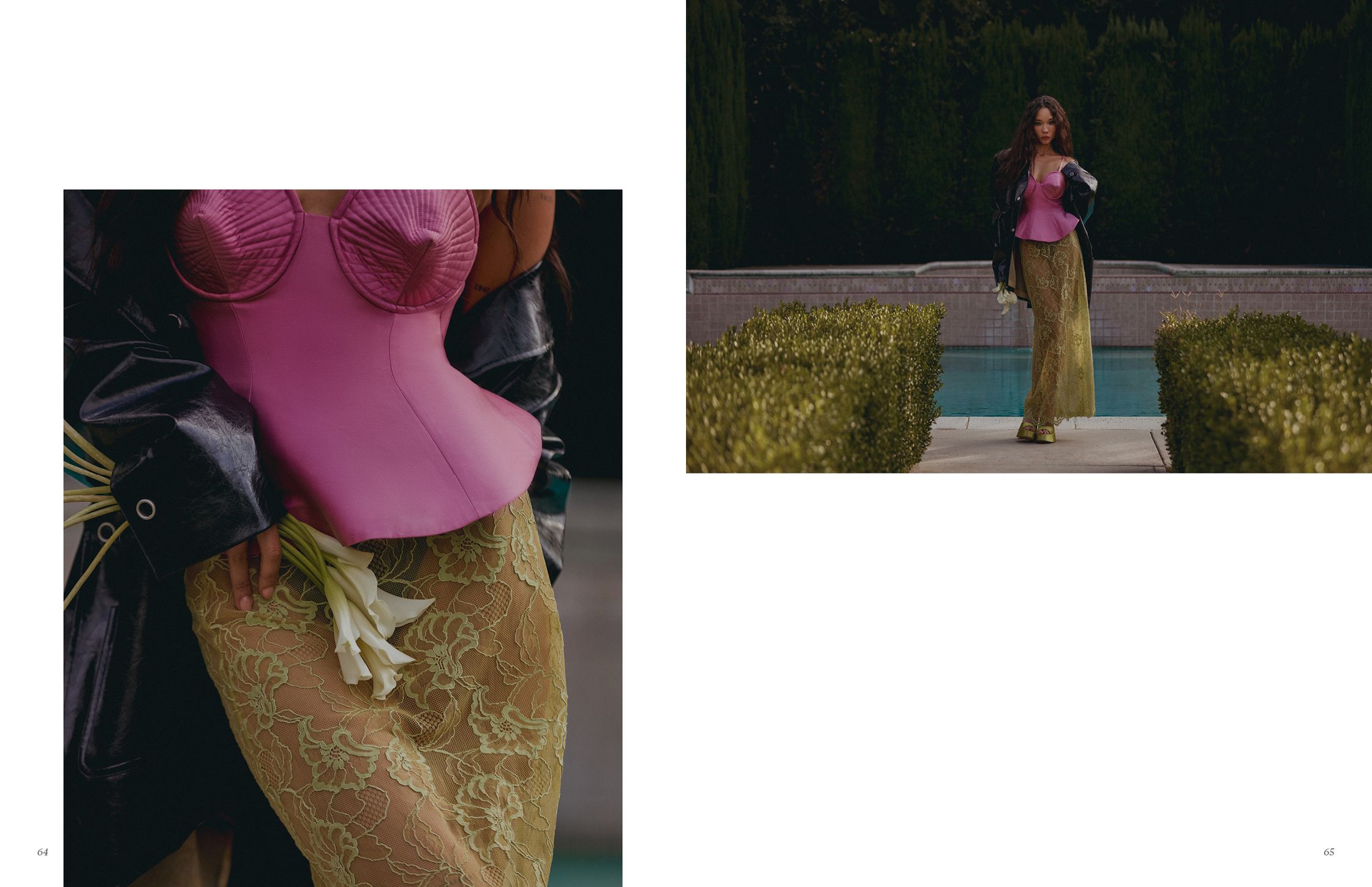 two pictures of a woman in a pink top and lace skirt