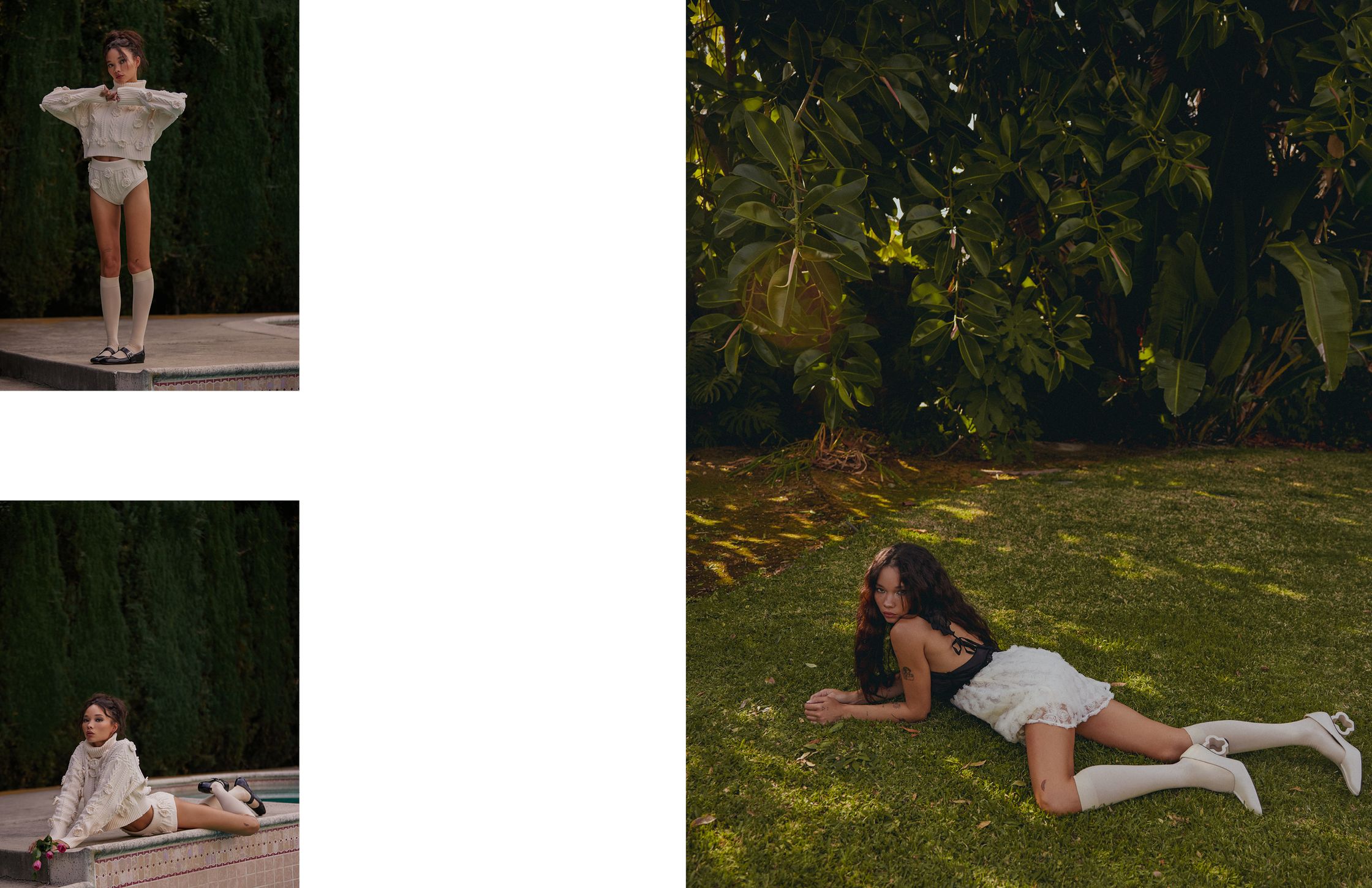 three pictures of a woman laying on the grass