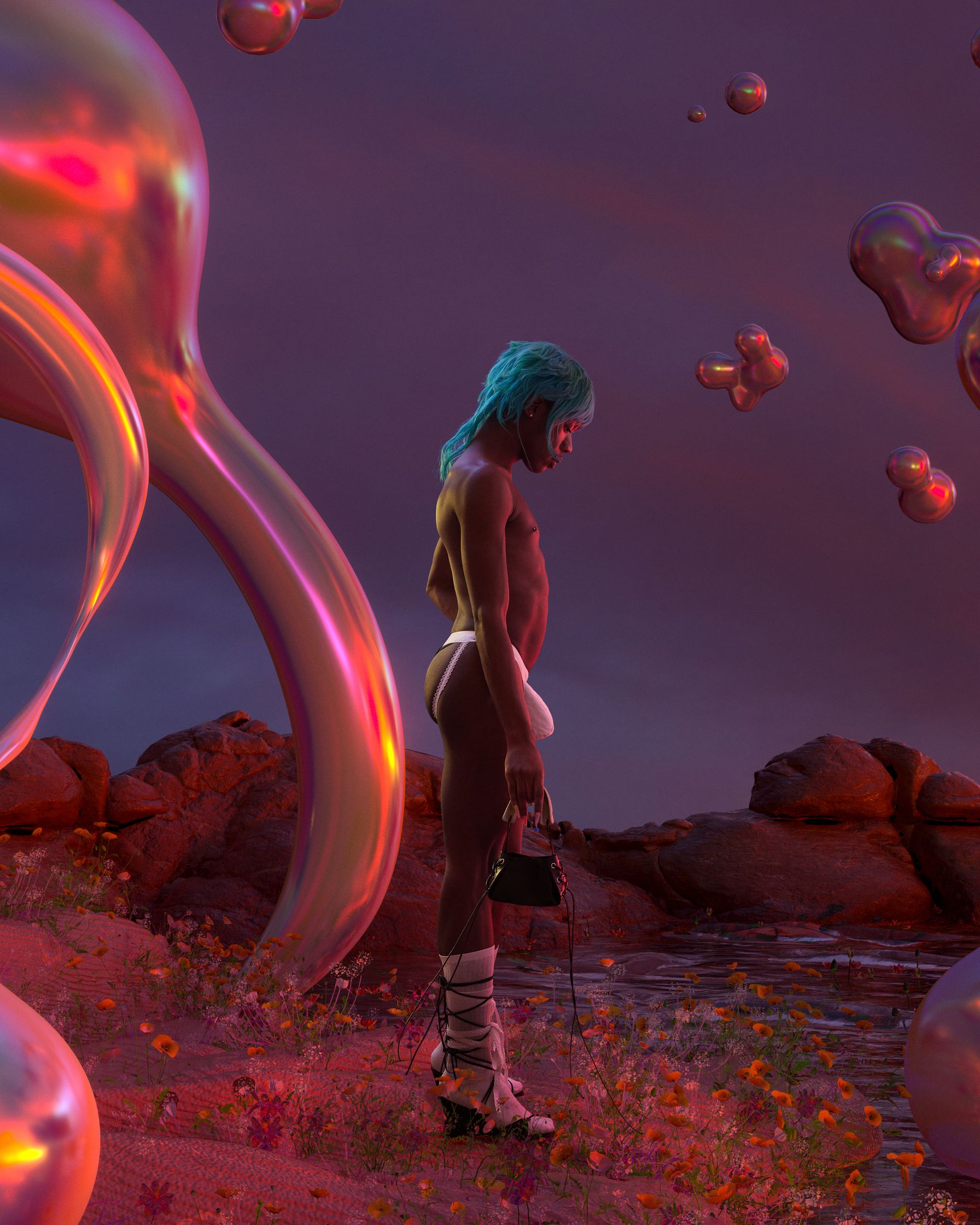 a woman is standing in front of a field of bubbles