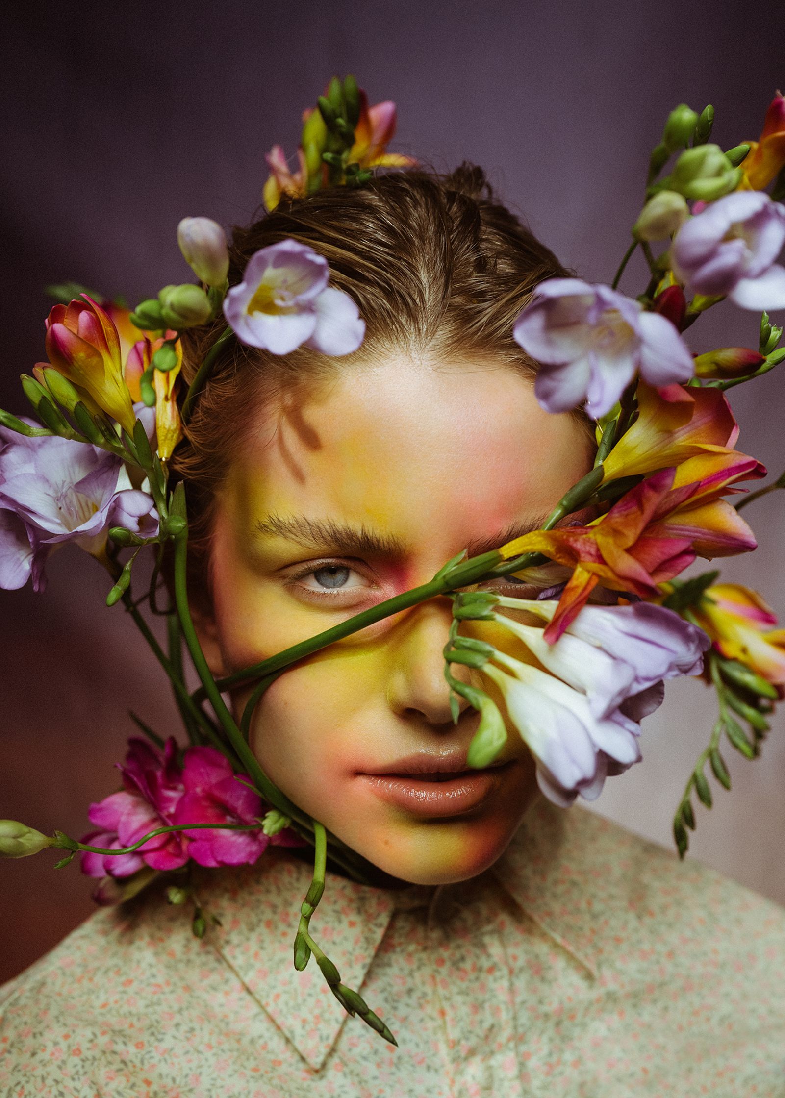 a woman with flowers on her head
