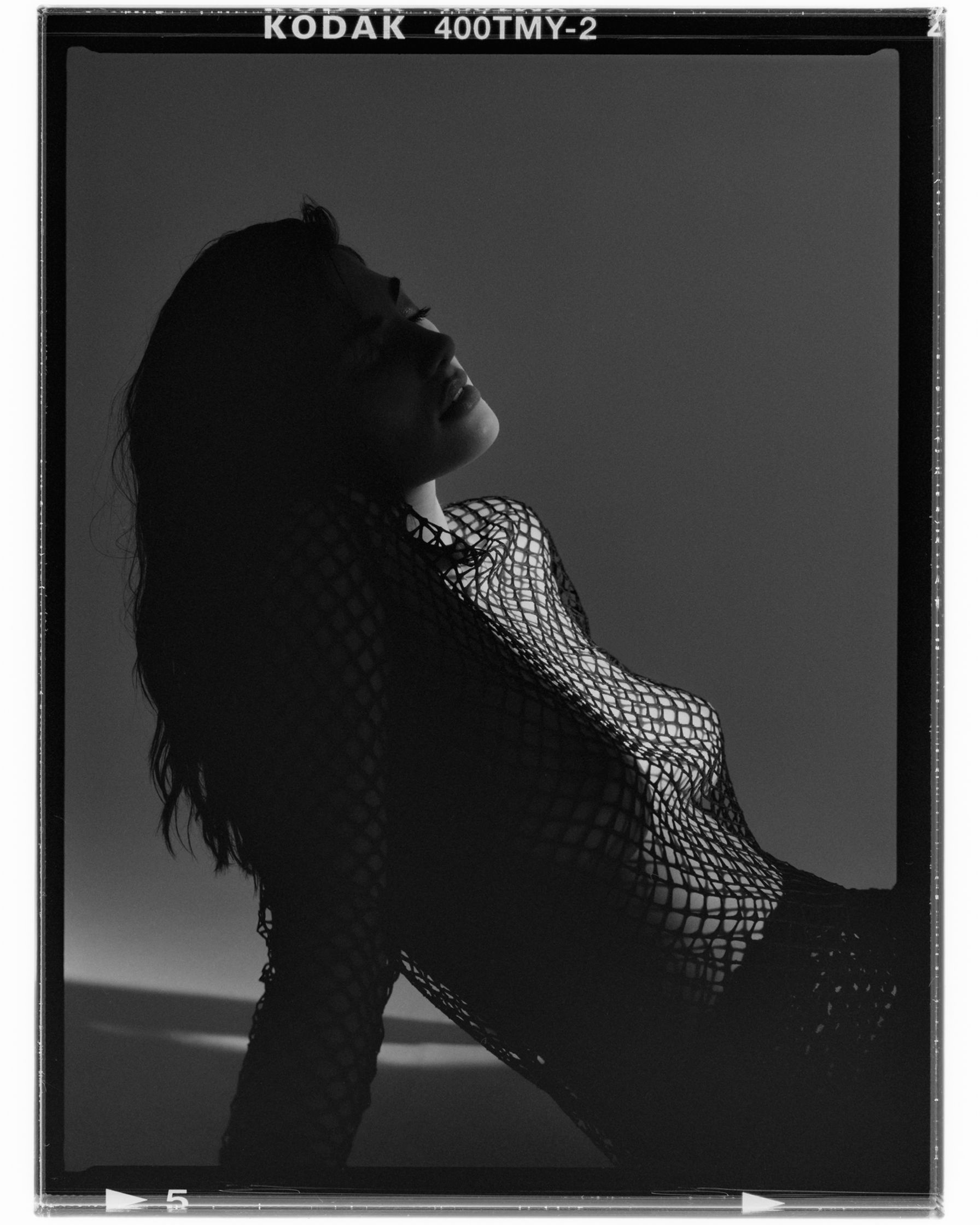 a black and white photograph of a woman in a fishnet top
