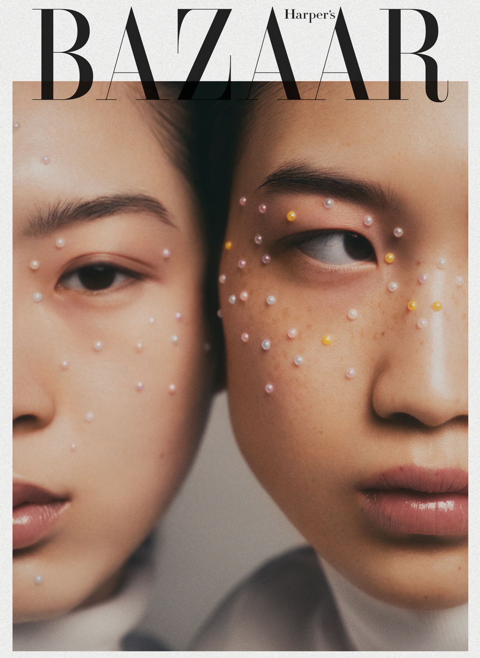 two women with pearls on their faces on the cover of bazaar magazine