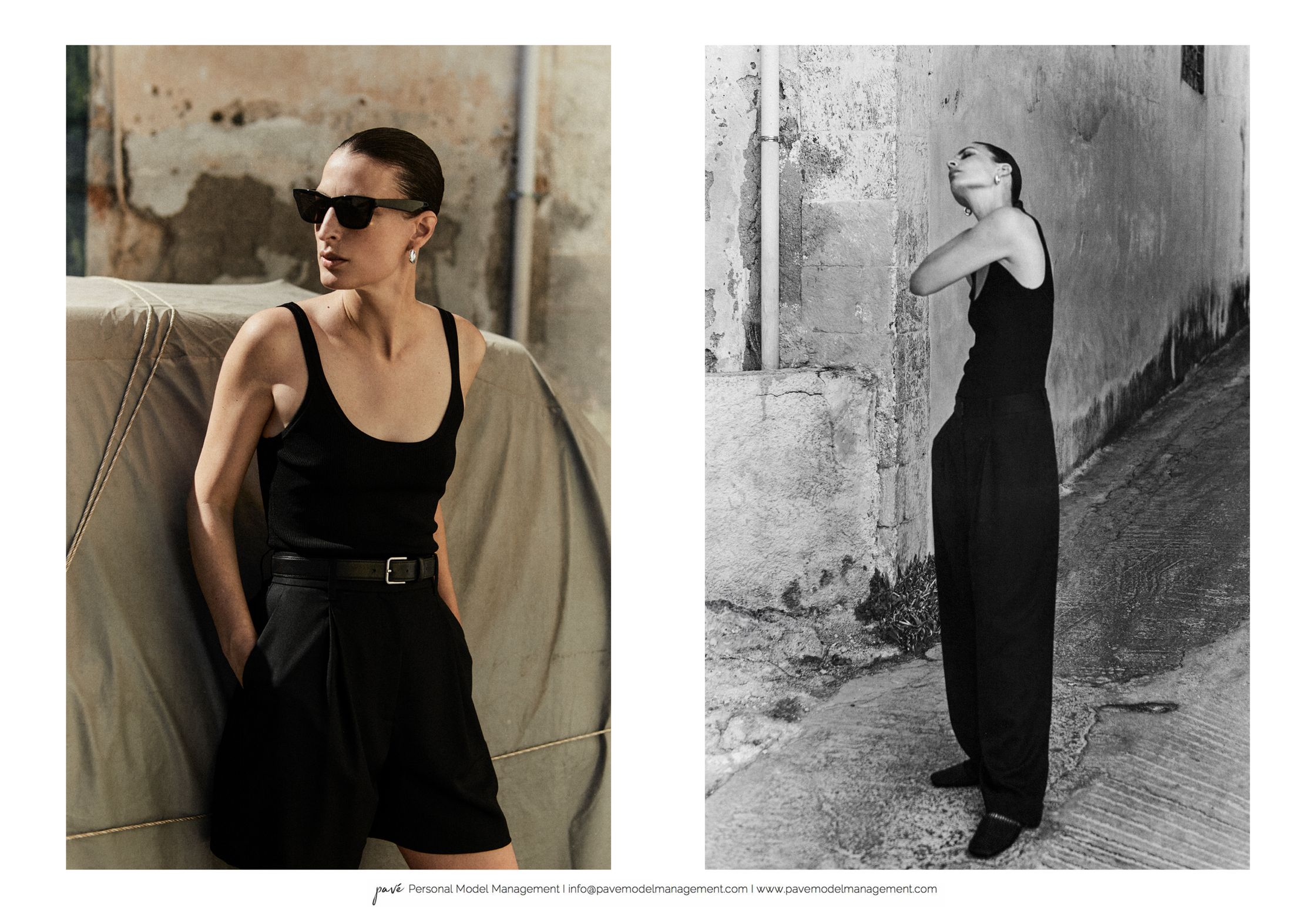A two-panel image, the left panel in color shows a woman in black shorts and tank top looking right with sunglasses, and the right panel in black and white shows the same woman from the waist down in loose black trousers on a street.