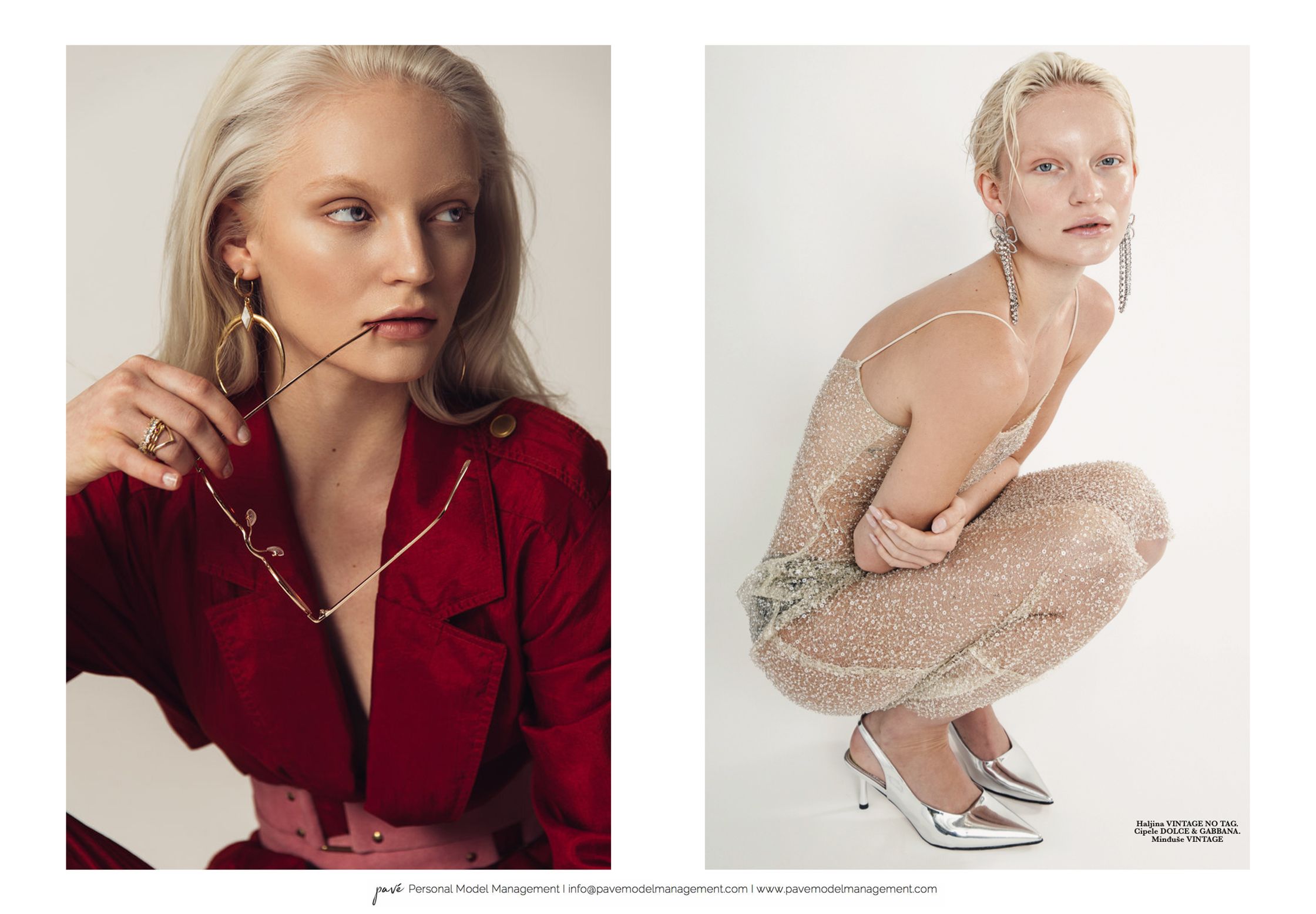 A split image shows a model with blonde hair in a red coat resting glasses in her mouth on the left, and crouching in a sheer, sparkly dress with silver heels on the right.