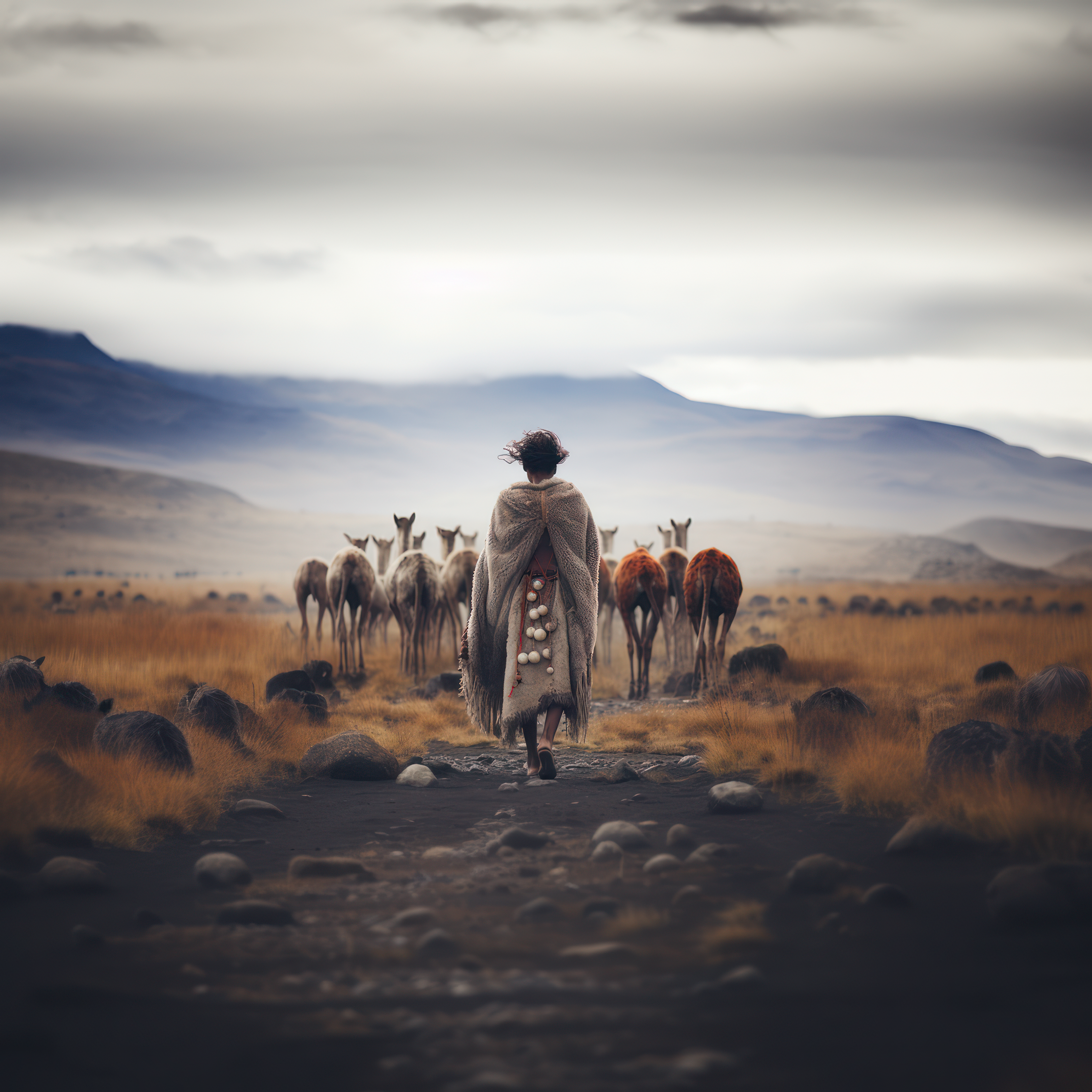 a man is walking with a herd of llamas