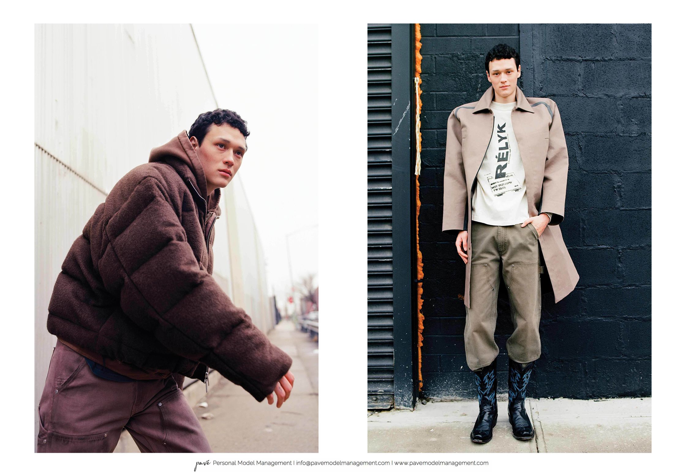 A model in a brown puffer jacket and brown pants on the left, and a long tan coat, light shirt, green pants, and cowboy boots on the right.