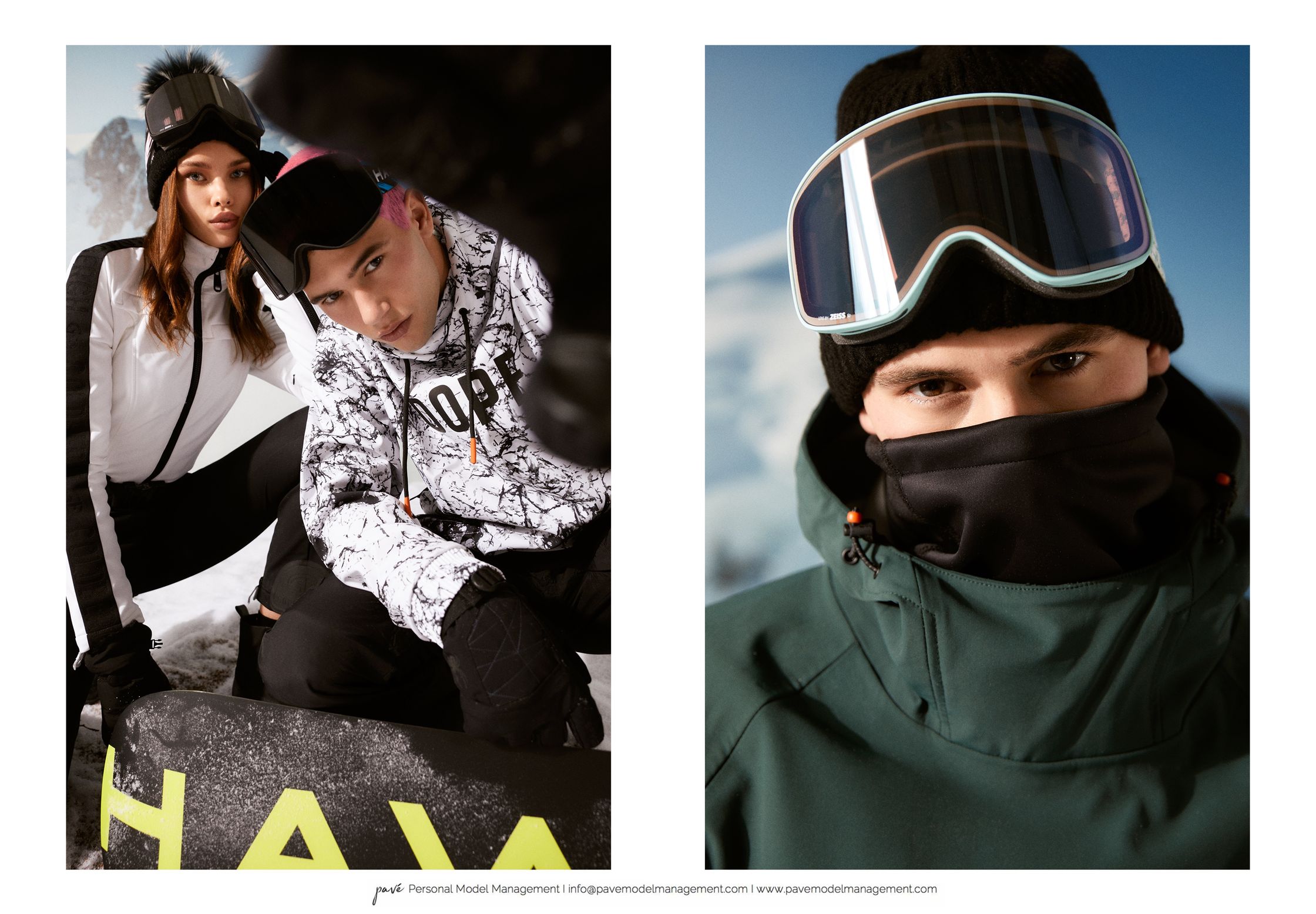 Two snowboarders pose in winter gear with a close-up of a third male snowboarder in a split image.