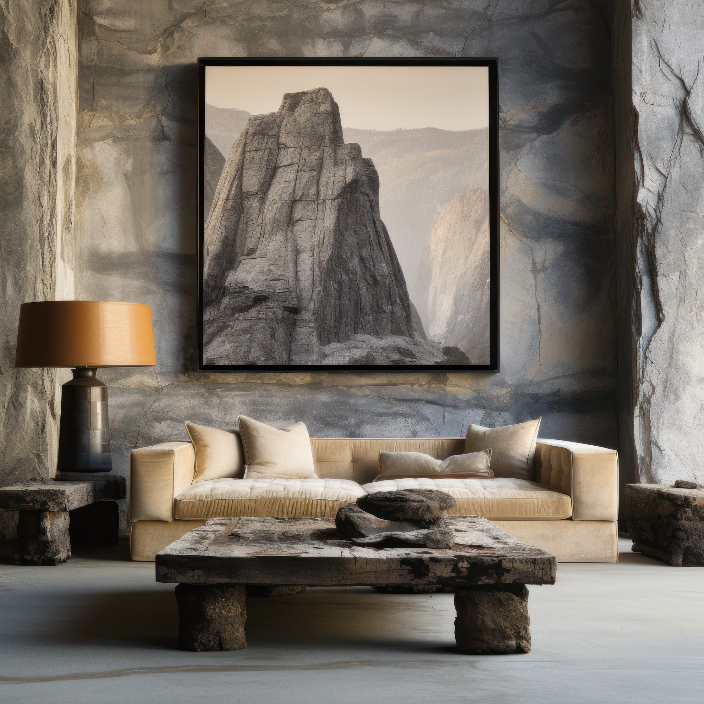 a living room with a large framed photo of yosemite
