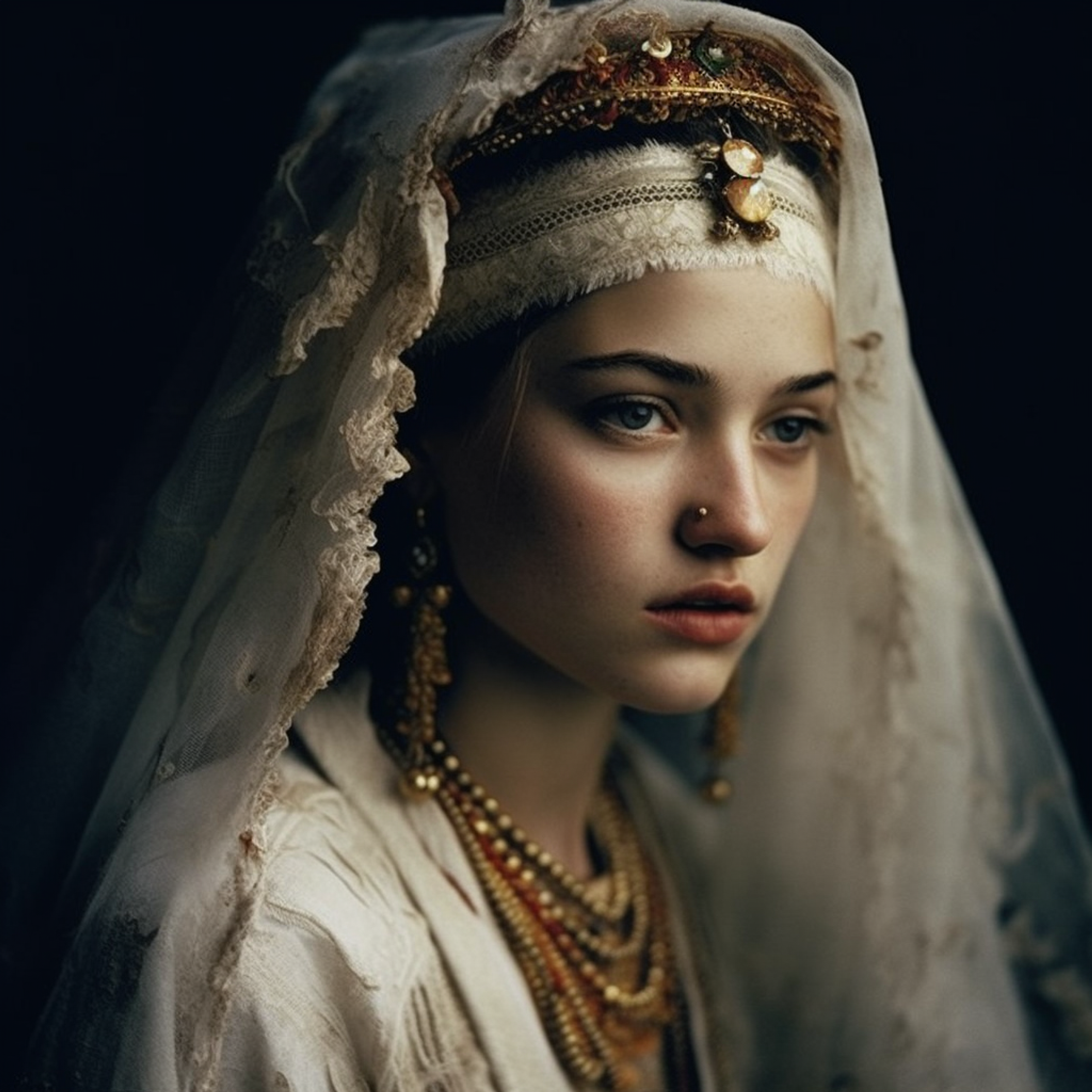 a young turkish bride in a traditional dress and jewelry