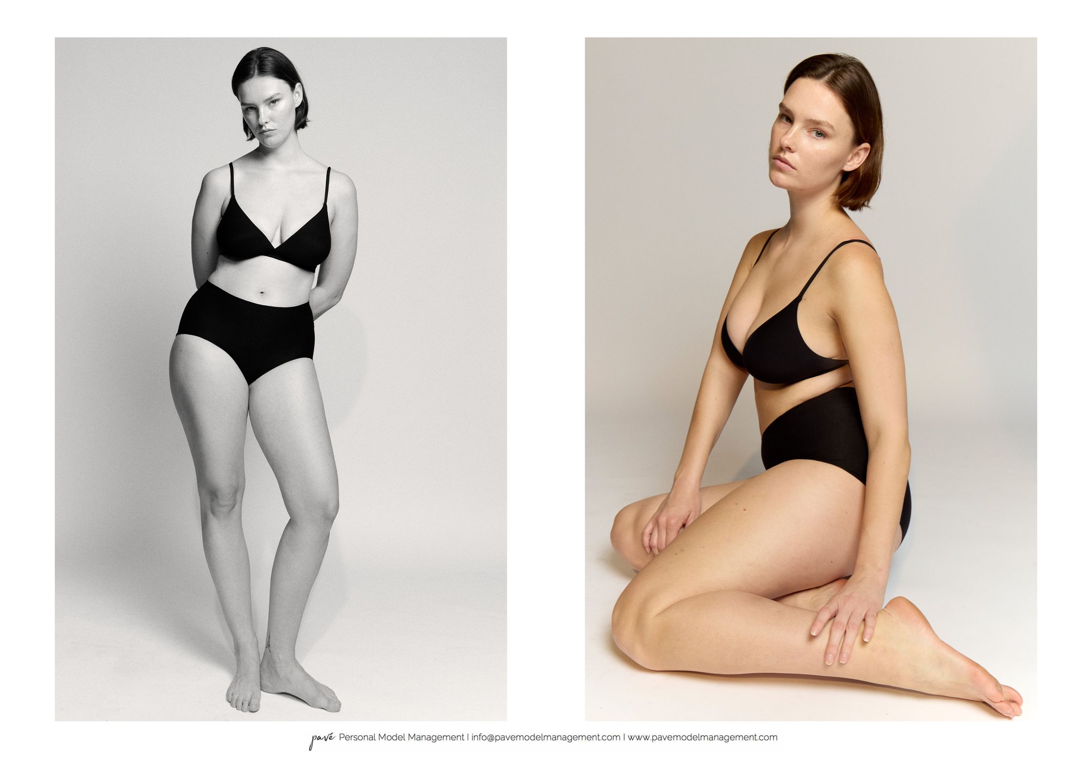 A young woman in a black bralette and high-waisted underwear is presented in two full-body shots, one standing and one sitting.