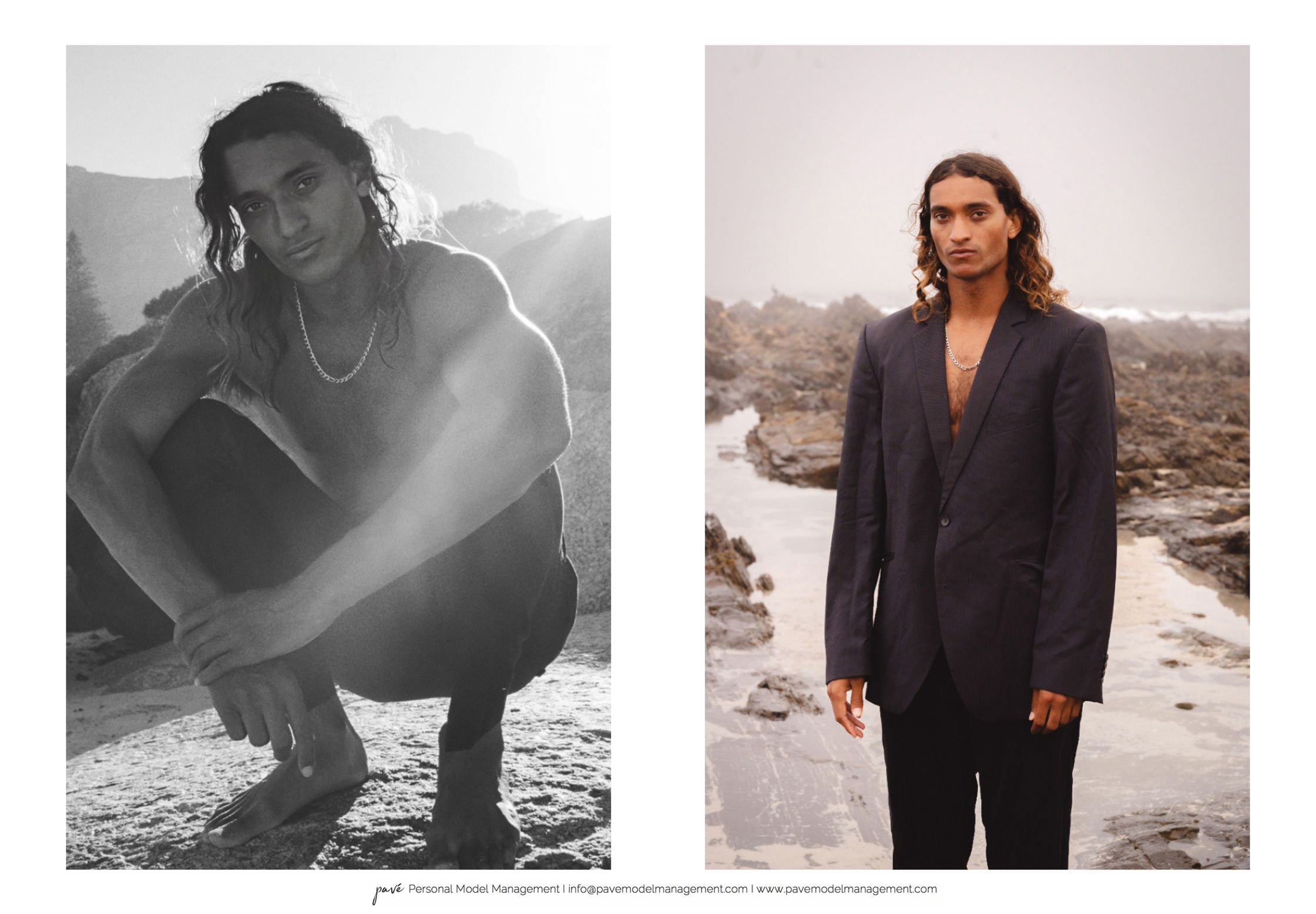 A male model with long wavy hair is shown in two different beach settings, one black and white and one color.