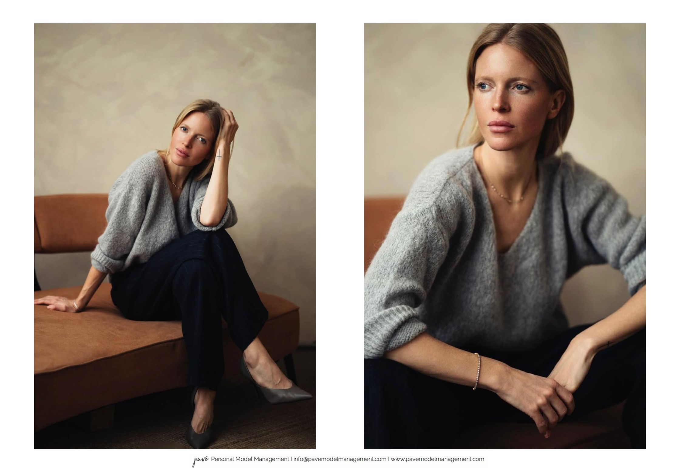 A two-panel image of a blonde woman in a gray sweater and dark pants, sitting on a brown chair in various poses.