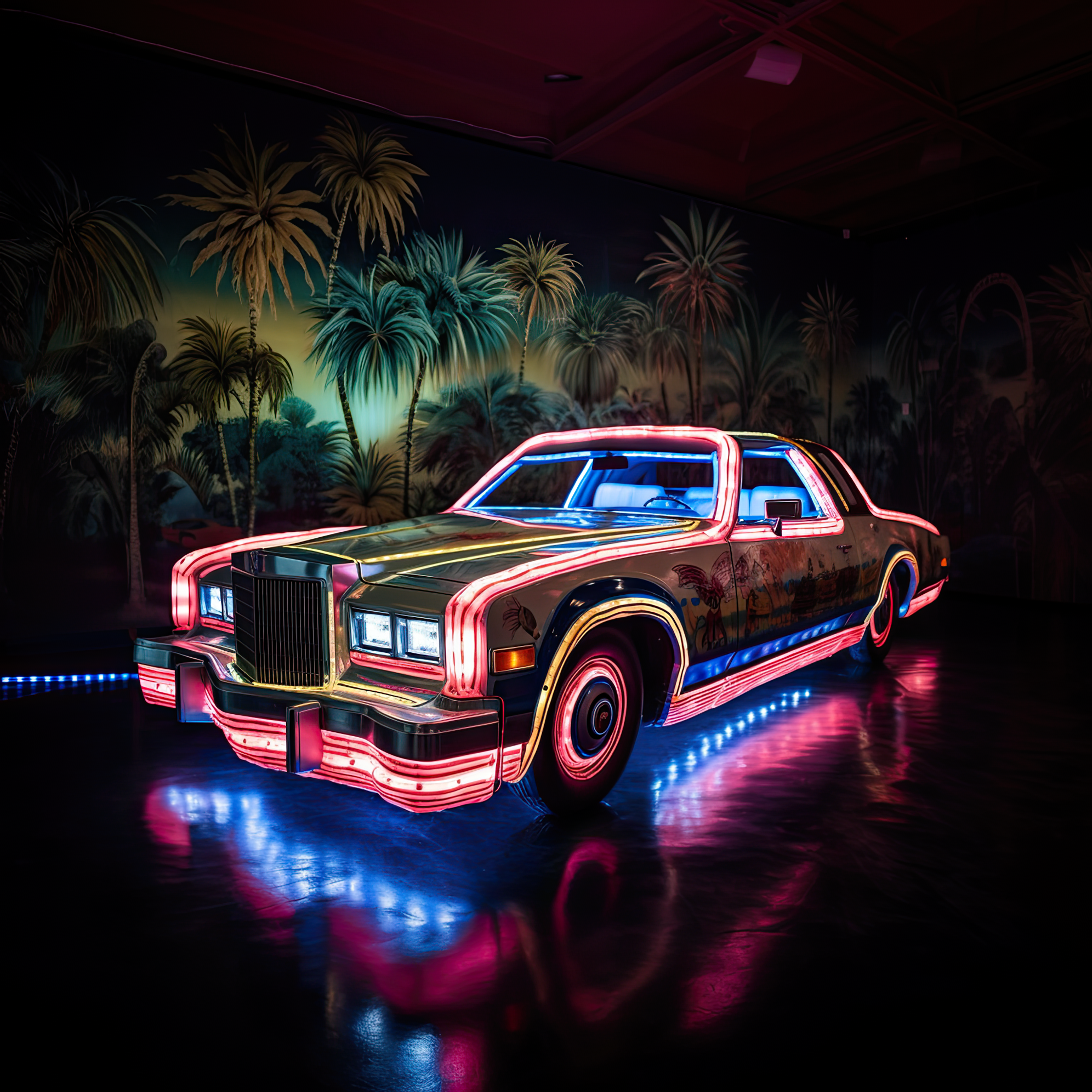 a neon lit car in las vegas