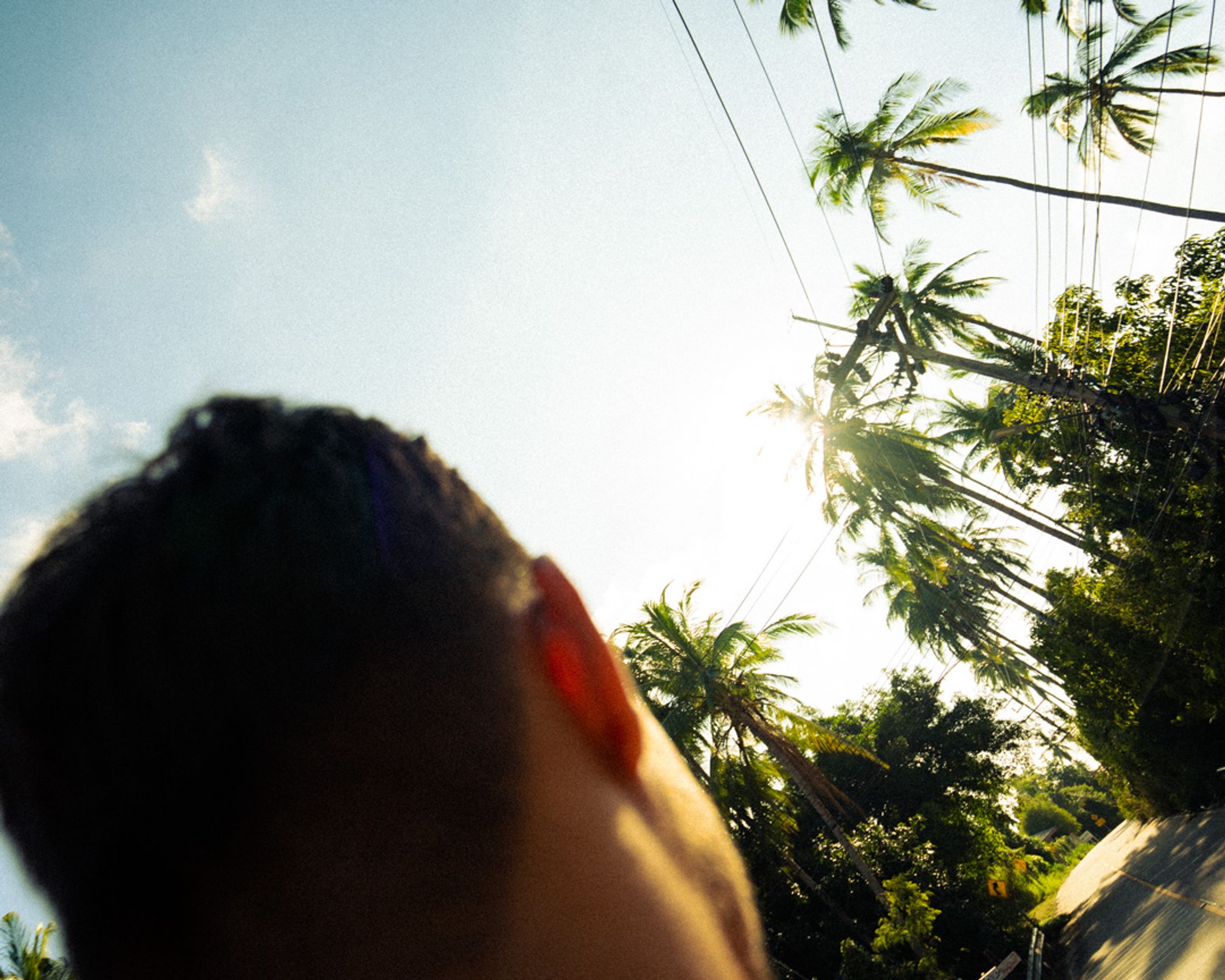 A POV shot from a scooter cruising through winding roads lined with towering palm trees in Koh Tao. Capturing the essence of island freedom and tropical exploration.