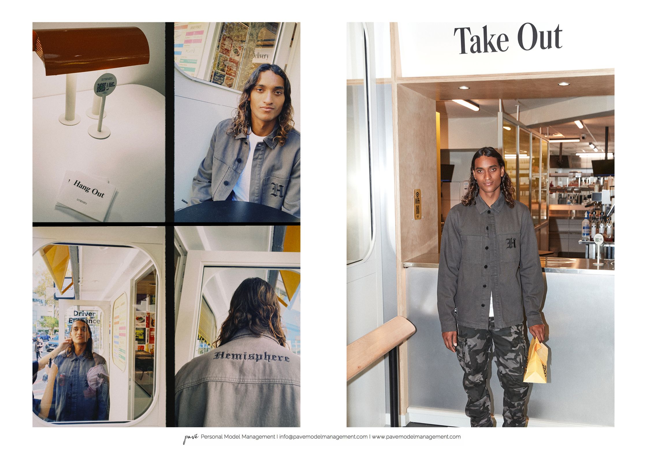 A collage of a man with long, curly hair wearing a gray button-up and camouflage pants, shown in different settings including a diner and a take-out window.