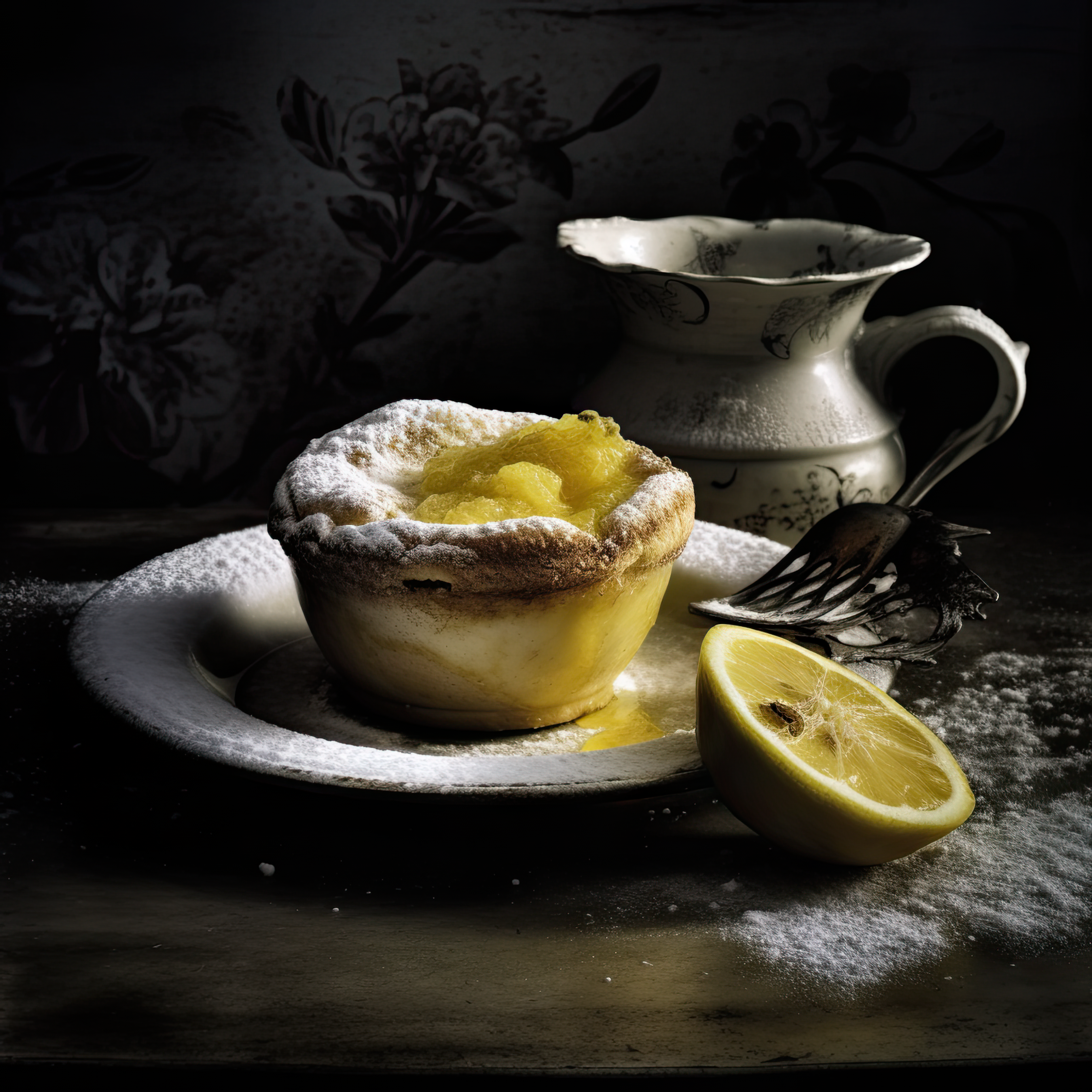 a lemon pie on a plate next to a cup and saucer