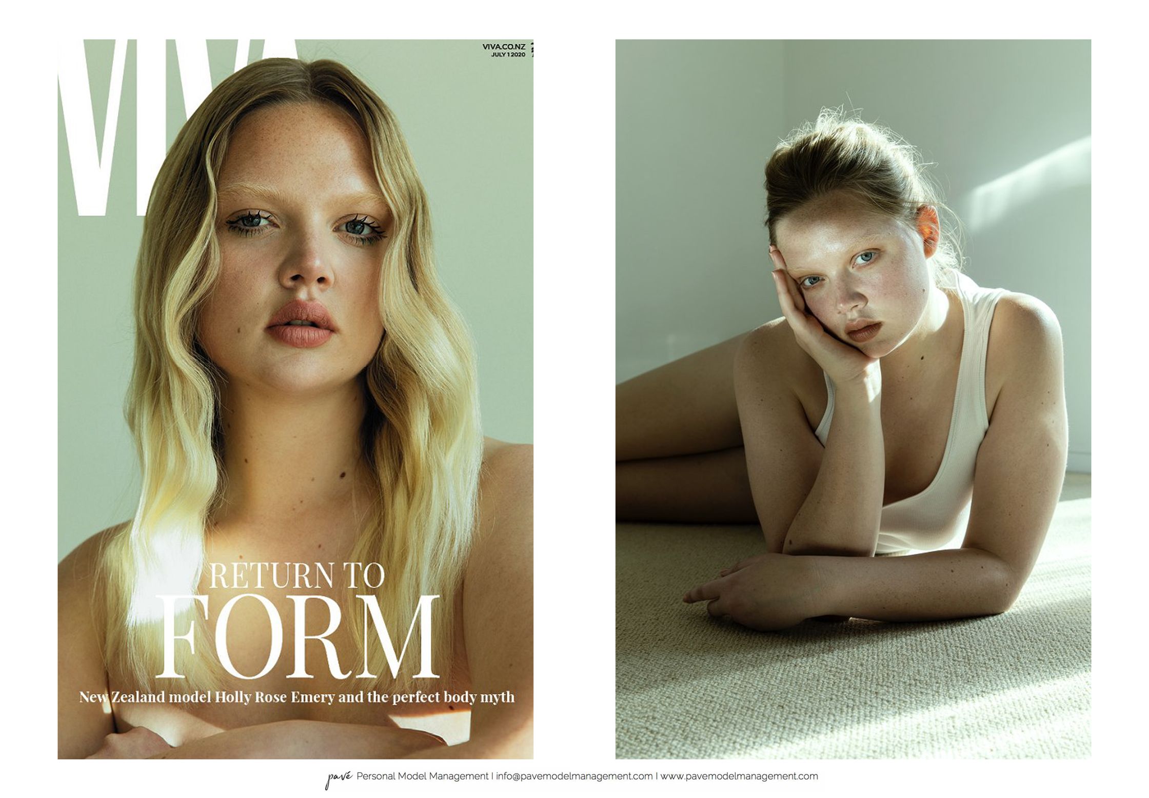 A magazine layout showing a blonde woman in two different poses, on the left for the cover and on the right for an inside page.