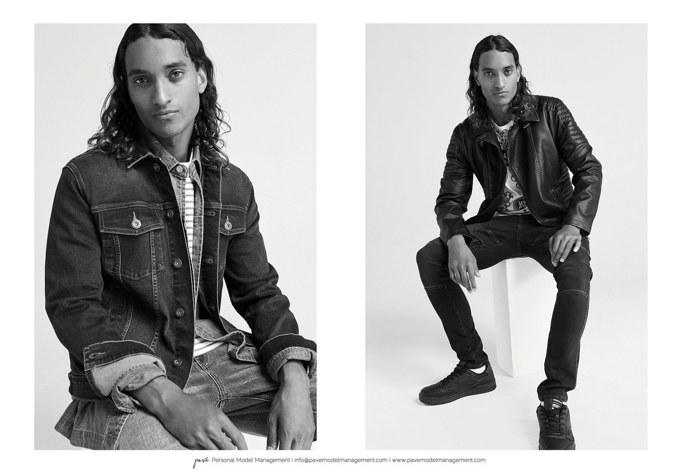 Two black and white photos of a man with long curly hair, one in a denim jacket and jeans, and the other in a black leather jacket and black jeans.