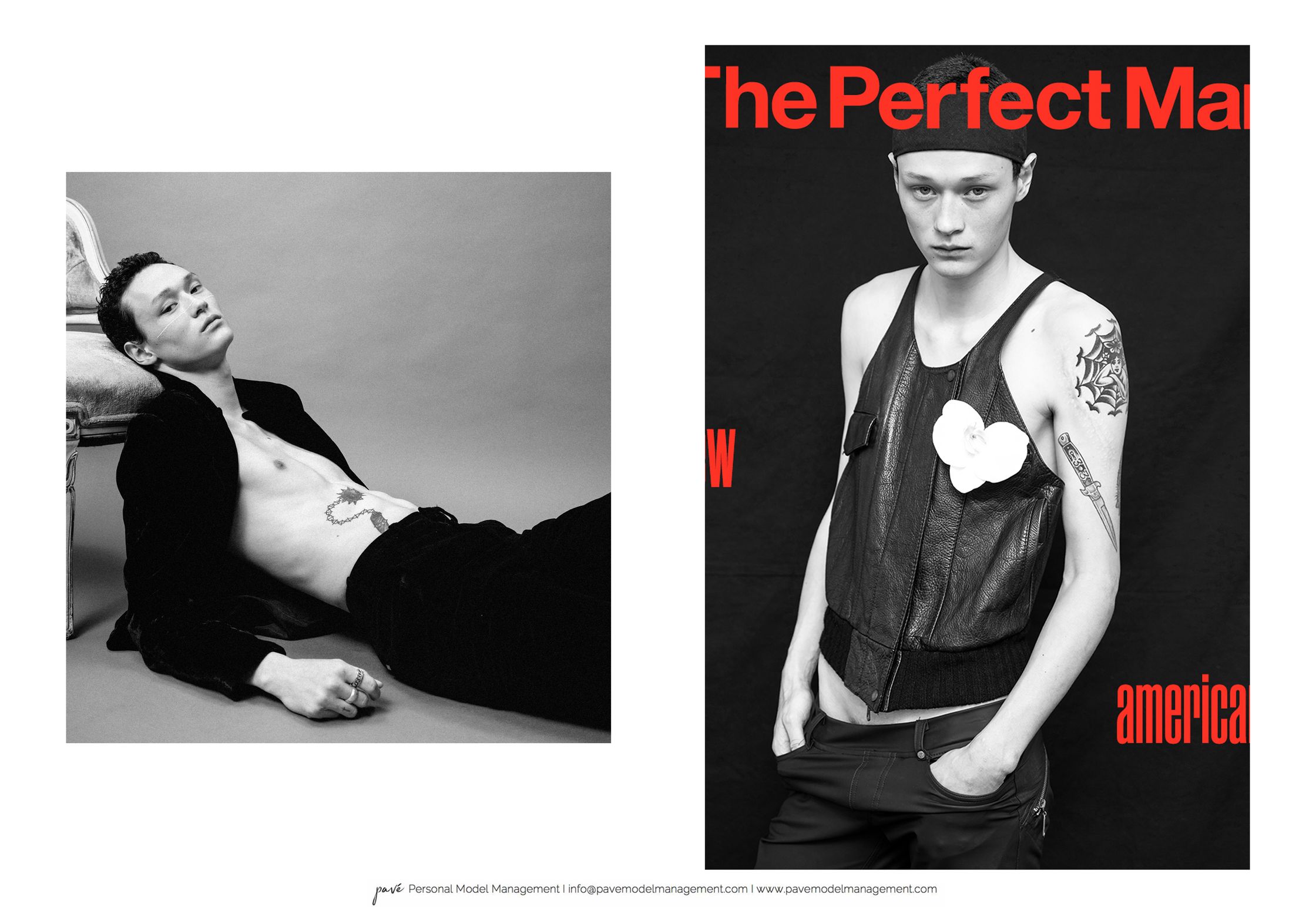 A fashion spread featuring a male model in two black and white portraits, one reclining and one standing against a bold red and black graphic background.