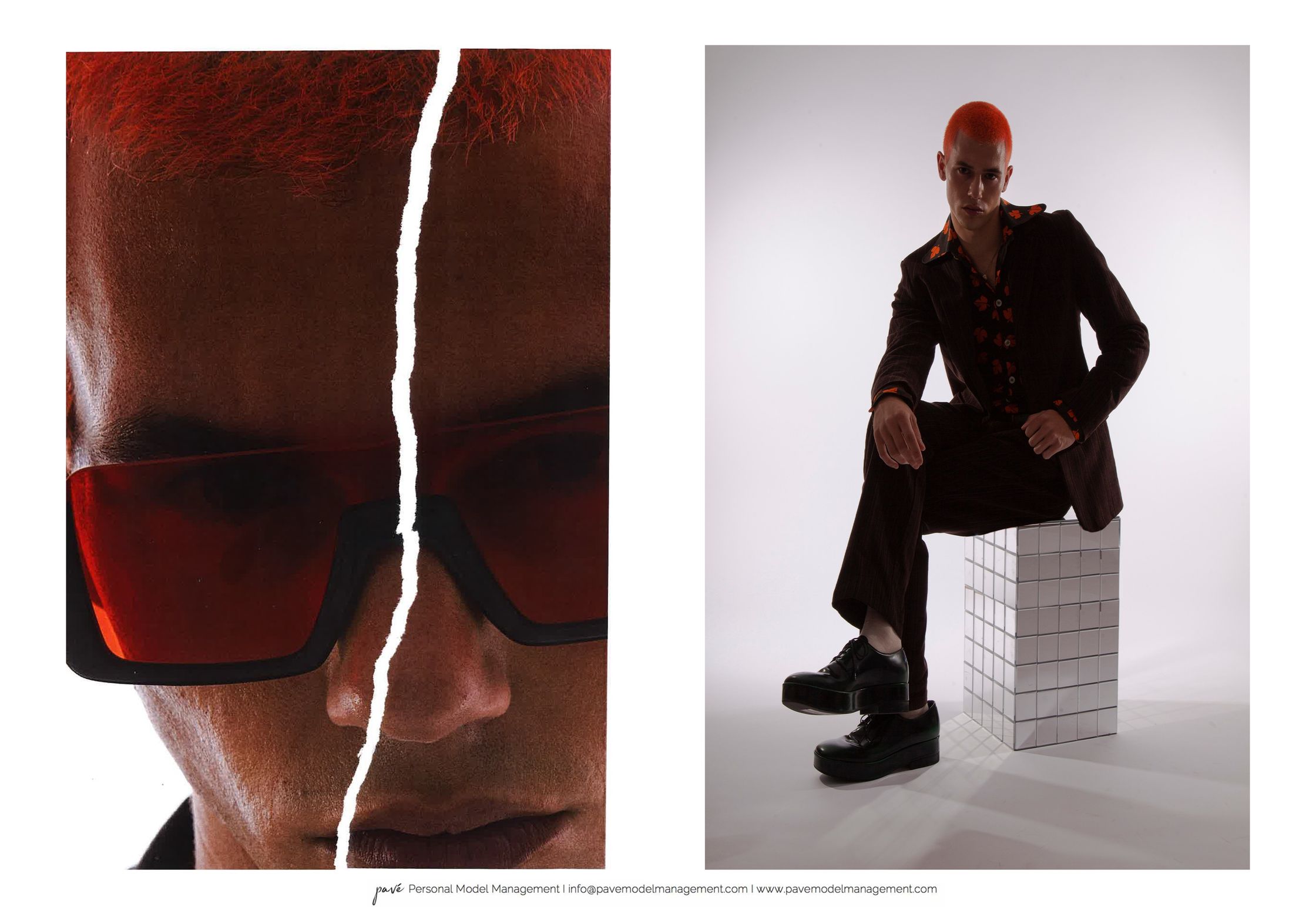 A split image showing a man with red hair and red-tinted sunglasses on the left, and the same man in a brown suit with a patterned shirt seated on a mirrored cube on the right.