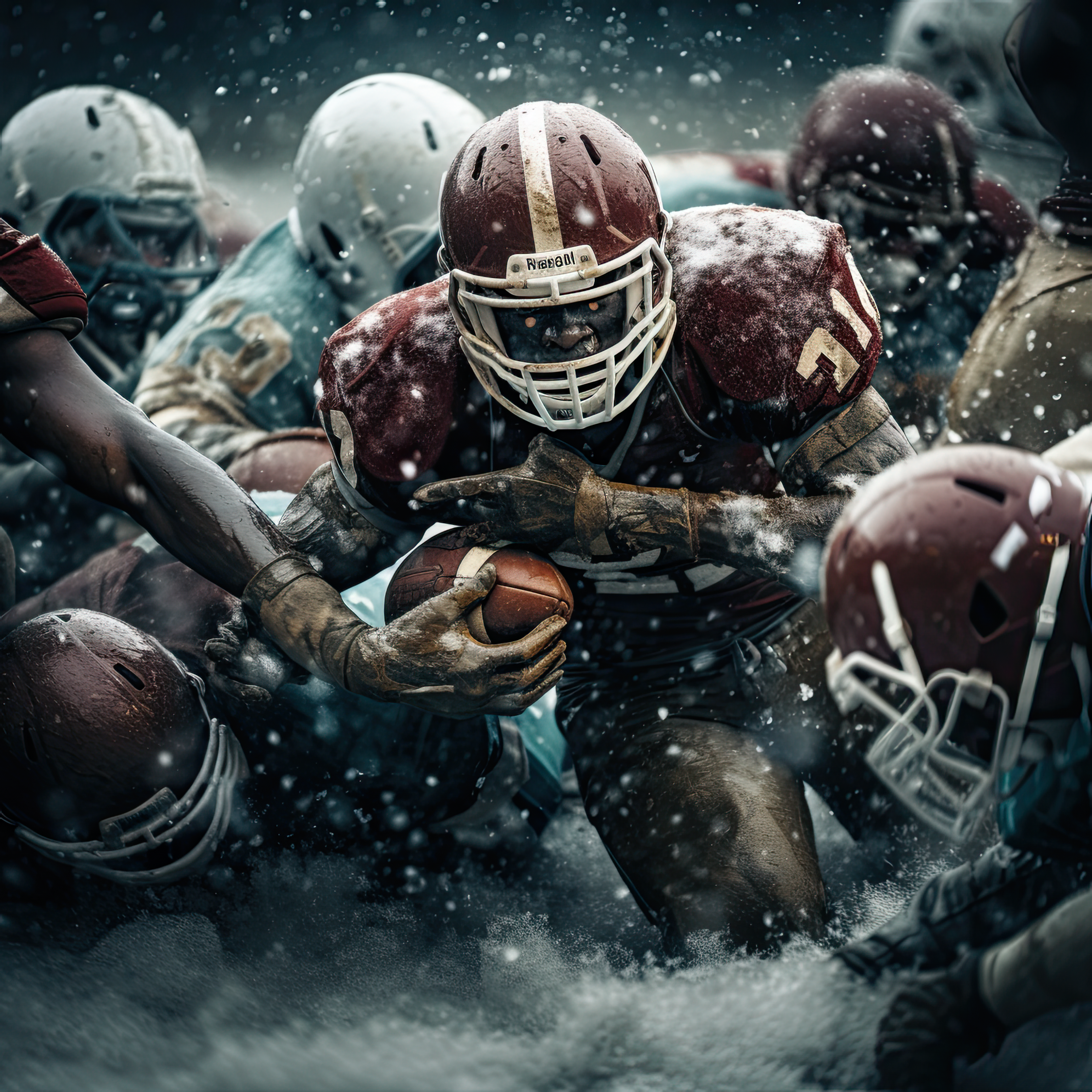 a group of football players running in the snow