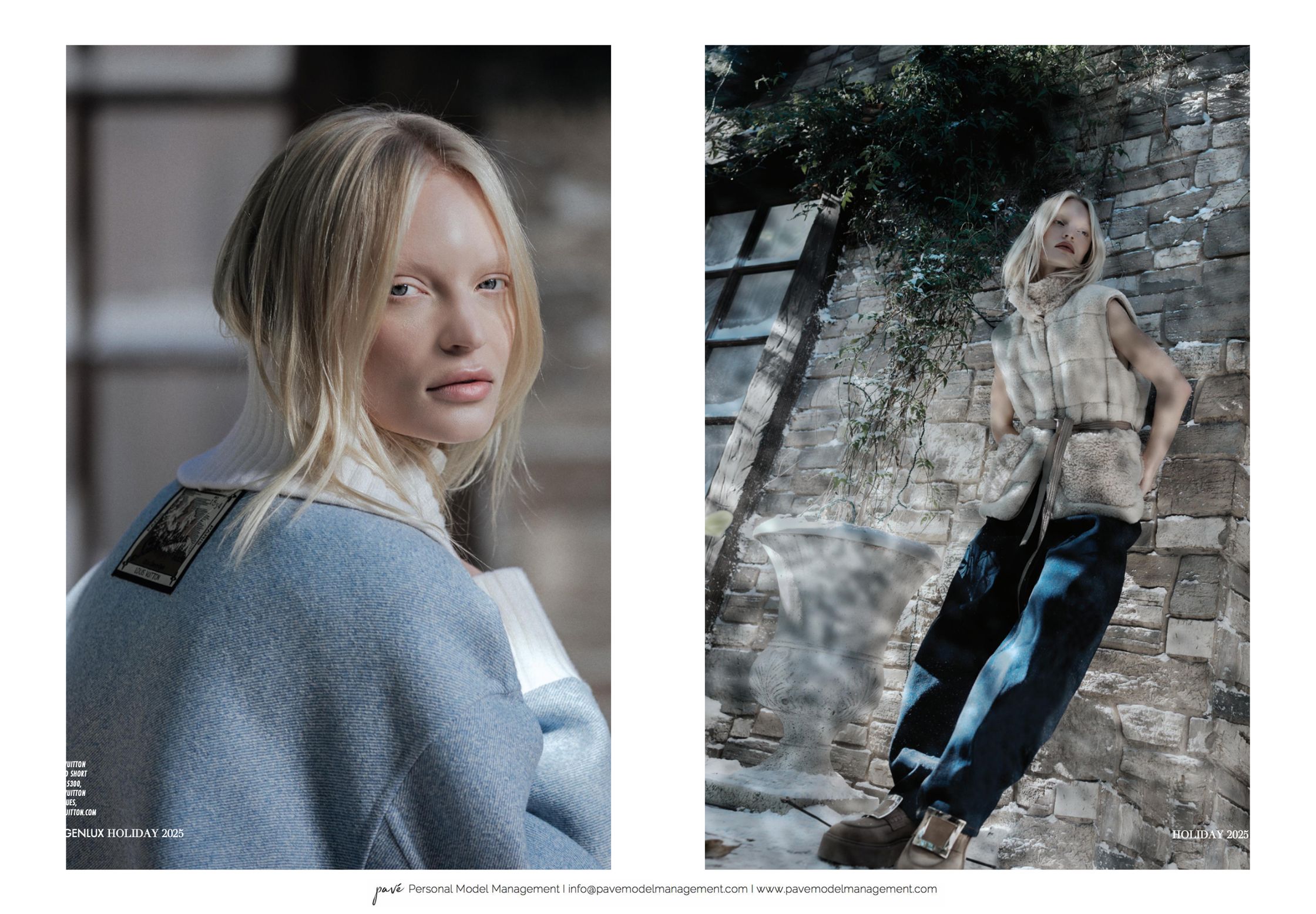 Two images side by side. The left shows a blonde woman looking with a subtle smile. The right shows her standing against a brick wall.