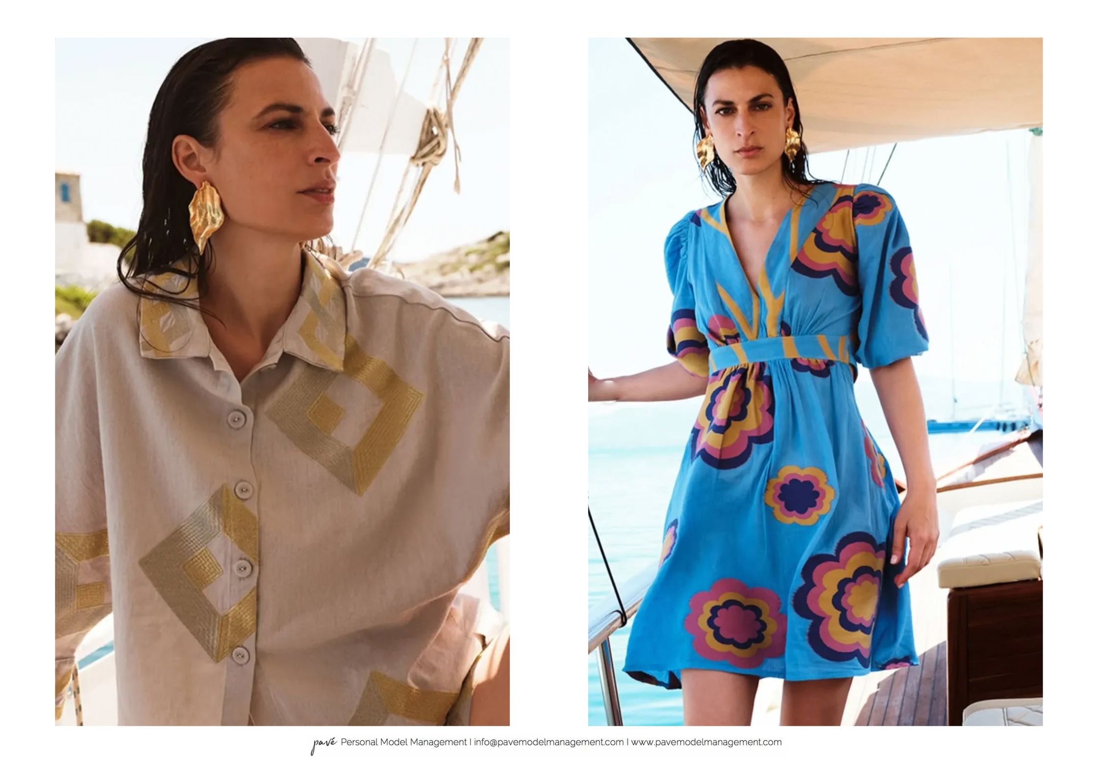 A split image showing a woman in a light button-up shirt with gold patterns on the left and the same woman in a blue dress with colorful mod flowers on the right, both on a sailboat.