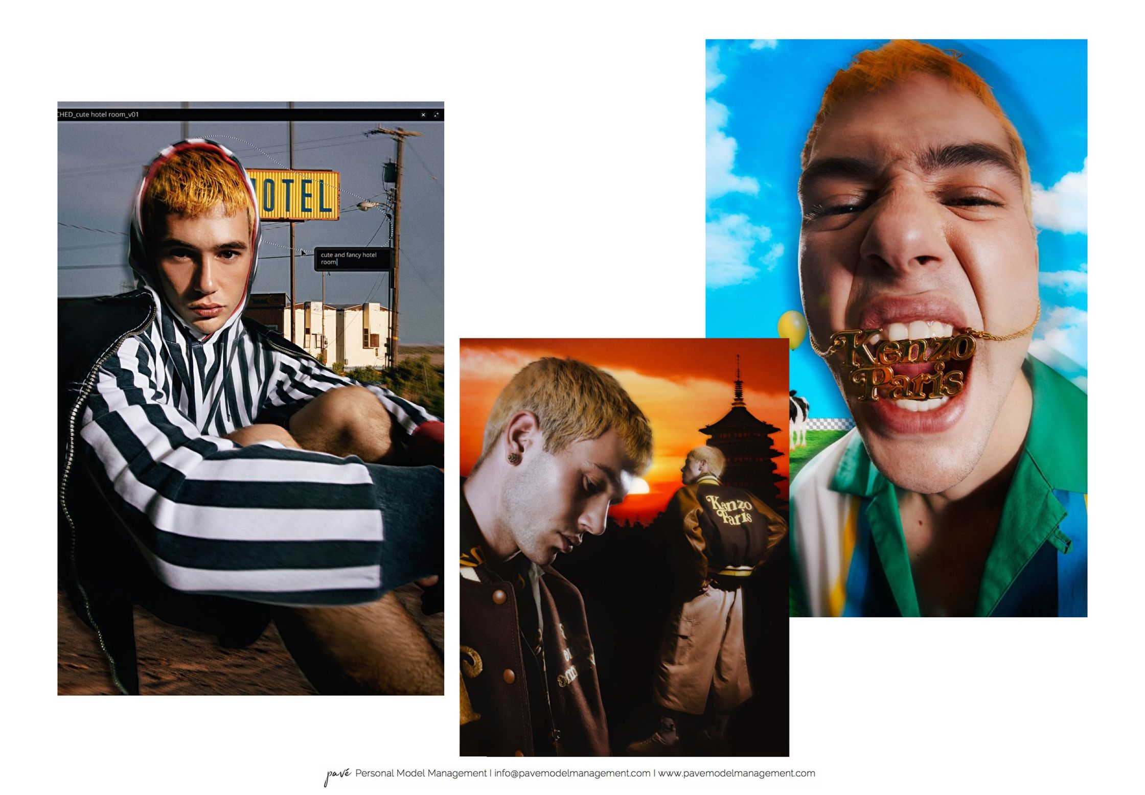 A collage featuring a person with blond hair in three different poses and outfits, including a striped shirt, a bomber jacket, and a colorful shirt with a "Kenzo Paris" necklace in their mouth.