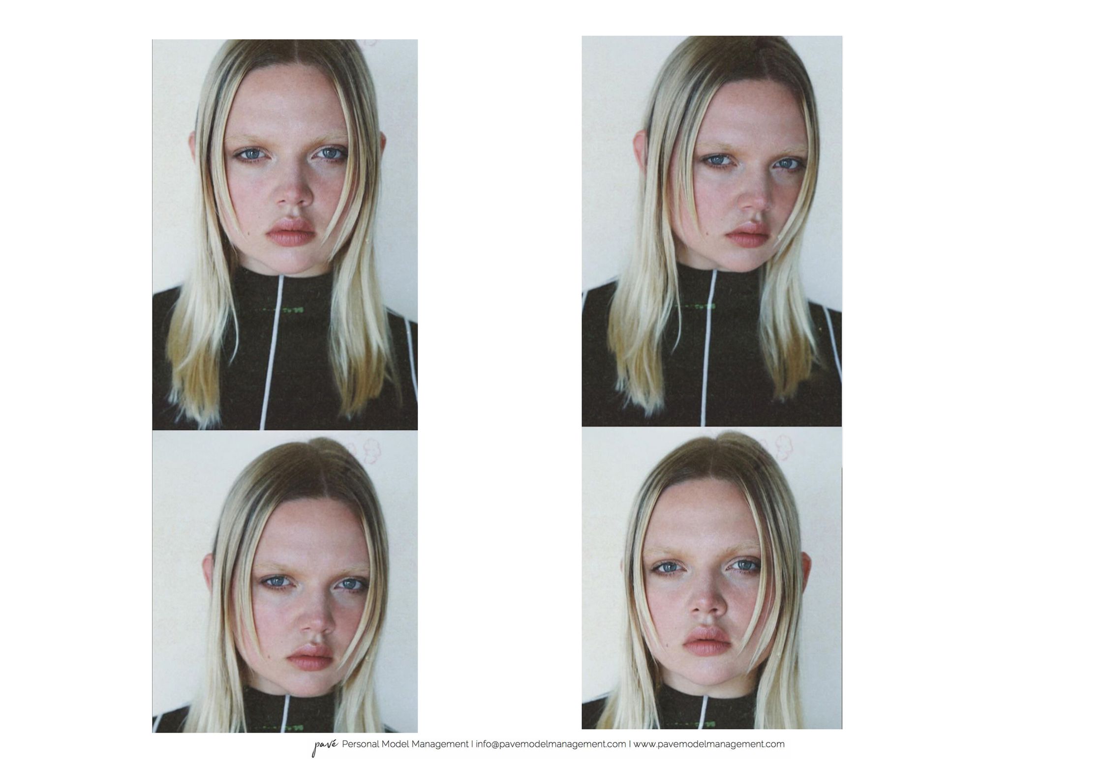 Four headshots of a youthful woman with blonde hair, light blue eyes, and light eyebrows wearing a black high-necked top with white vertical stripes.