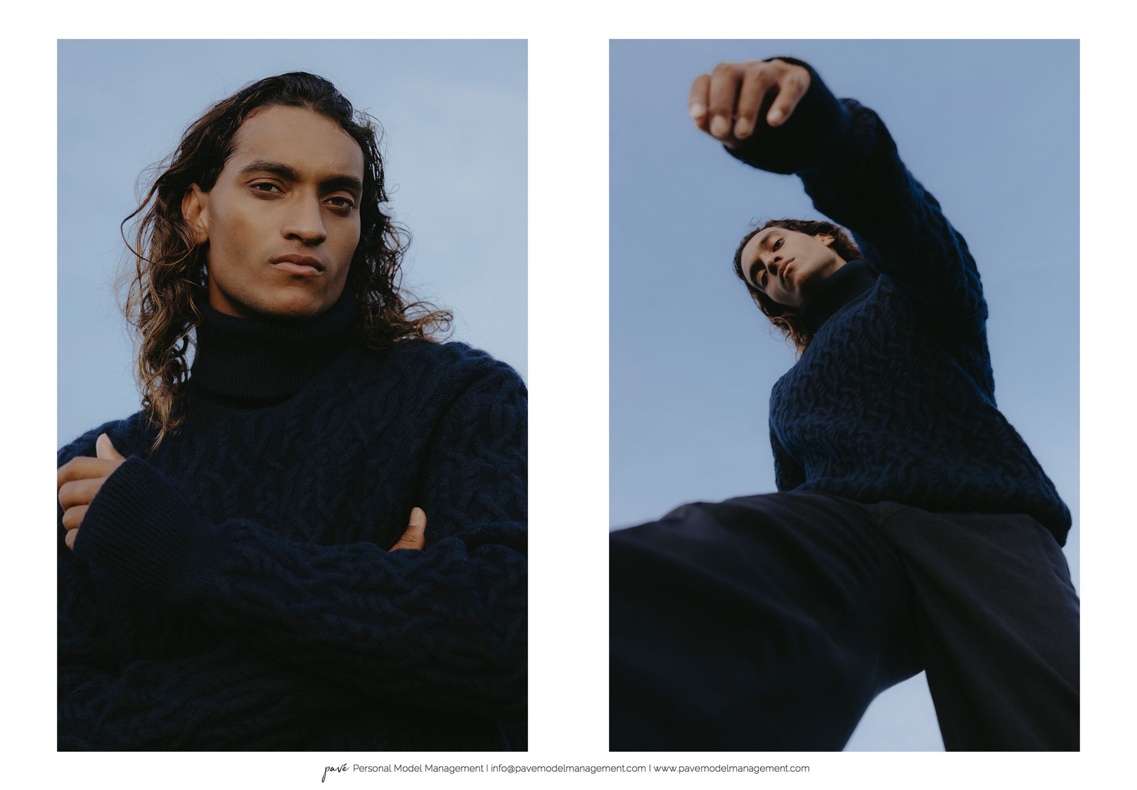 Two portrait shots of a man with long wavy hair in a navy blue turtleneck against a clear blue sky.