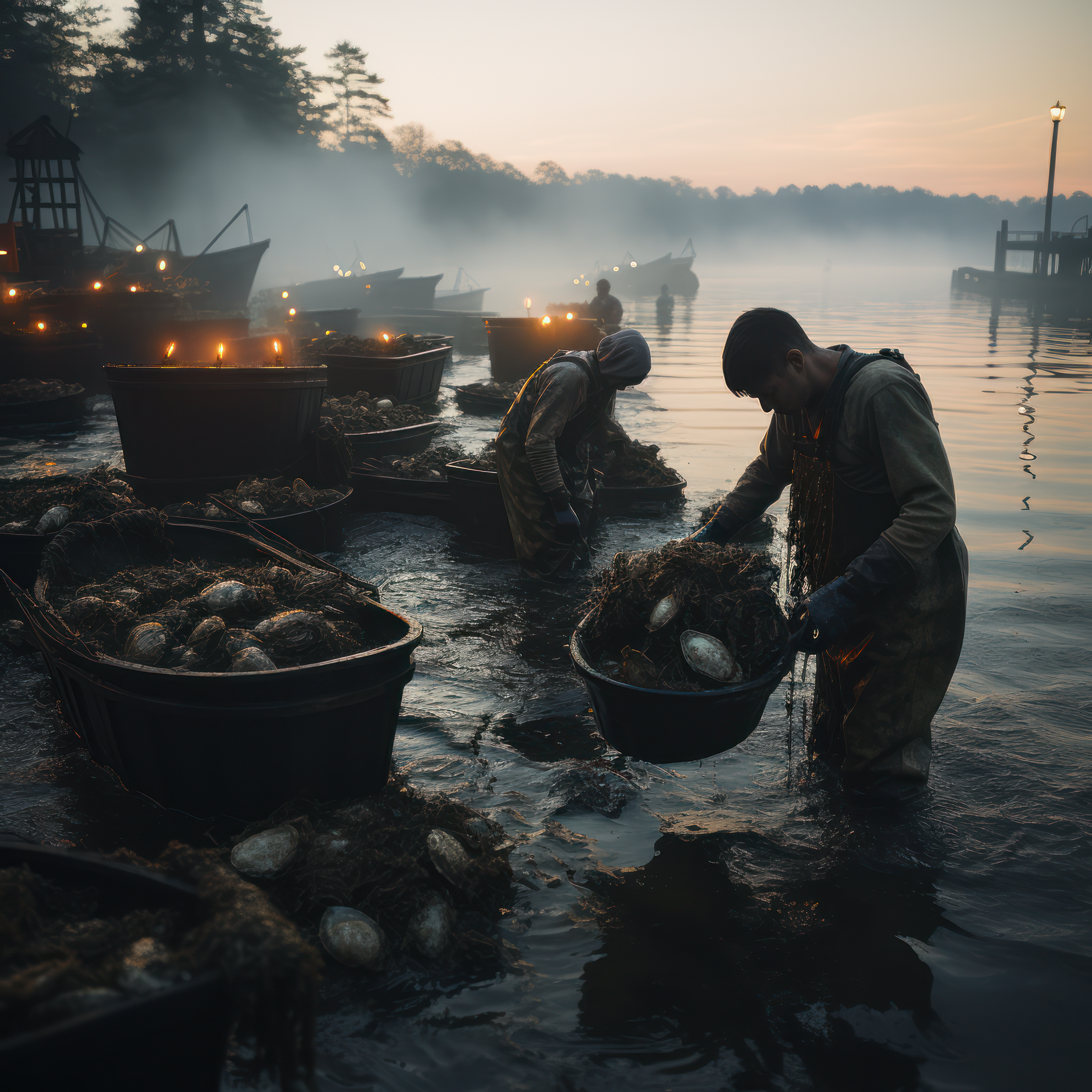 oyster farmers in foggy water