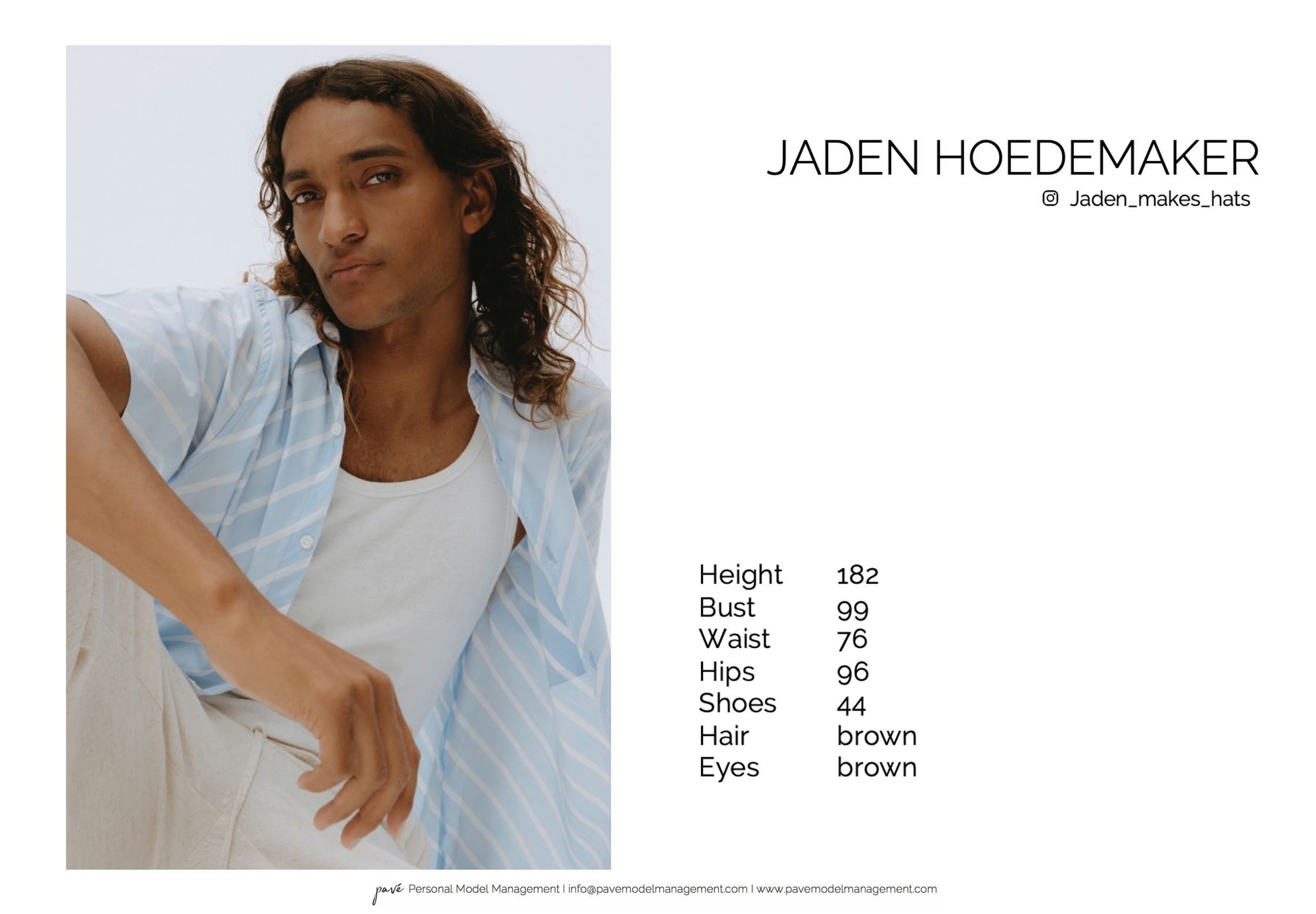 Model Jaden Hoedemaker with long brown hair and brown eyes wearing a light blue striped shirt and white tank top, with his measurements listed to the right.